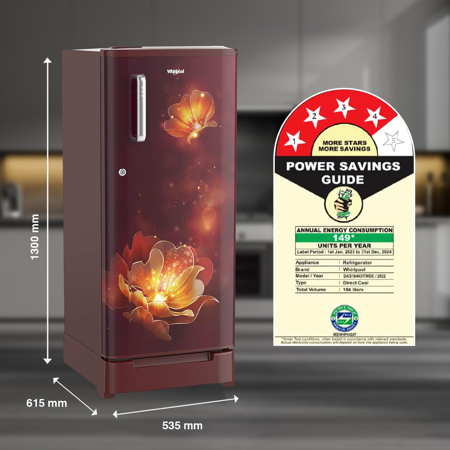 Whirlpool 184 L 4 Star Inverter Direct-Cool Single Door Refrigerator (205 WDE ROY 4S Inv WINE RADIANCE-Z, Base Stand with Drawer, 2023 Model)