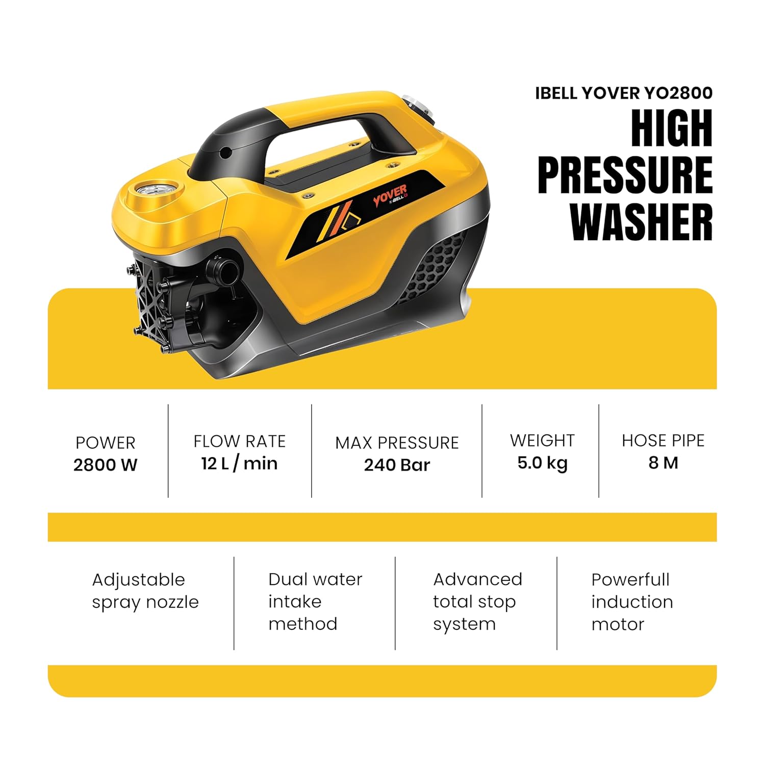 IBELL YO2800 High Pressure Car Washer for Home & Bike Cleaning, 2800W Induction Motor, 240 Bar, 12 L/min Flow, Portable Power Washer with 8M Hose & Spray Gun