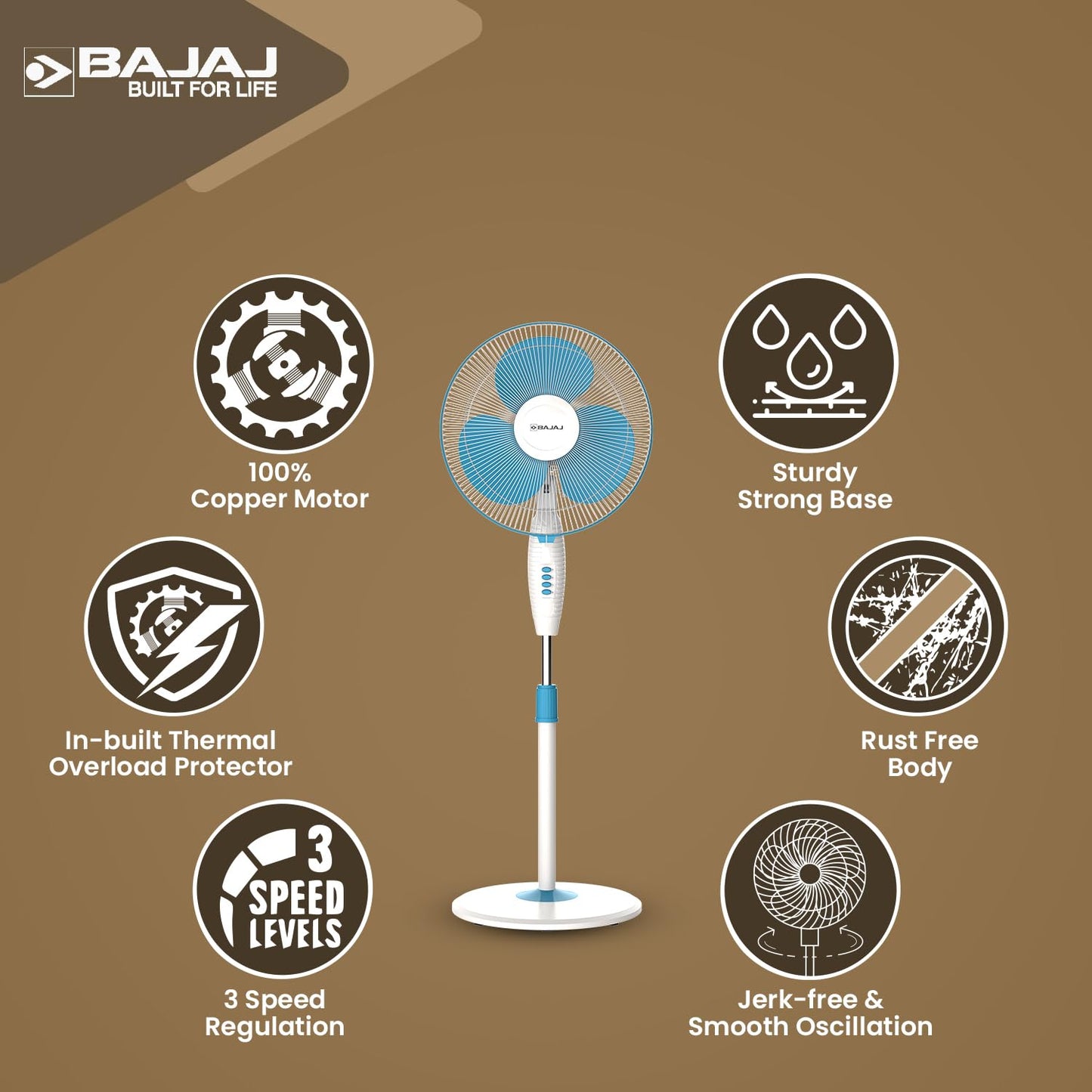 Bajaj Frore Neo 400 MM Oscillating Pedestal Fan For Home | Aerodynamically Balanced Blades | 100% Copper Motor | High Air Delivery | 3-Speed Control | Rust Free | 2 Yrs Warranty 【Blue】