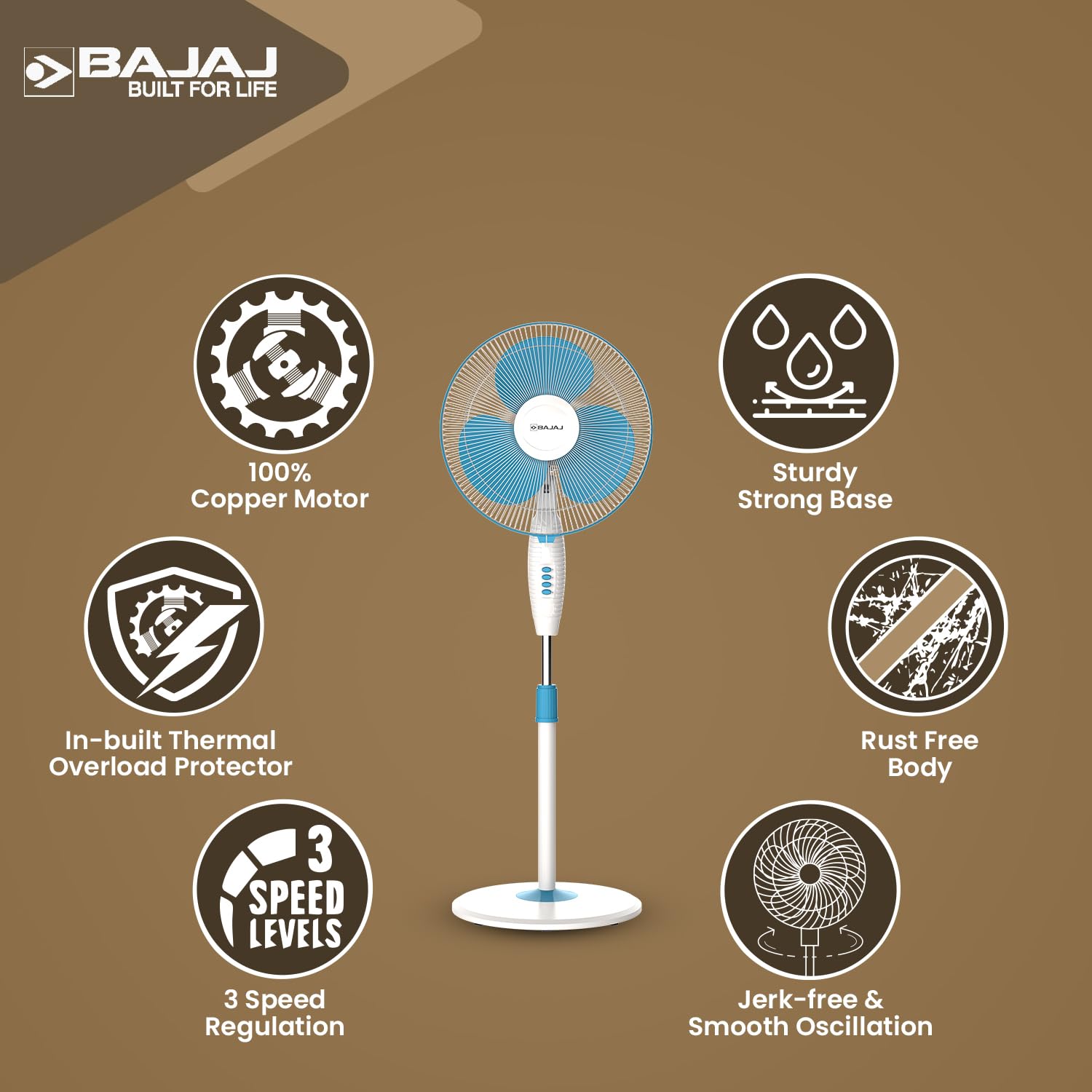 Bajaj Frore Neo 400 MM Oscillating Pedestal Fan For Home | Aerodynamically Balanced Blades | 100% Copper Motor | High Air Delivery | 3-Speed Control | Rust Free | 2 Yrs Warranty 【Blue】