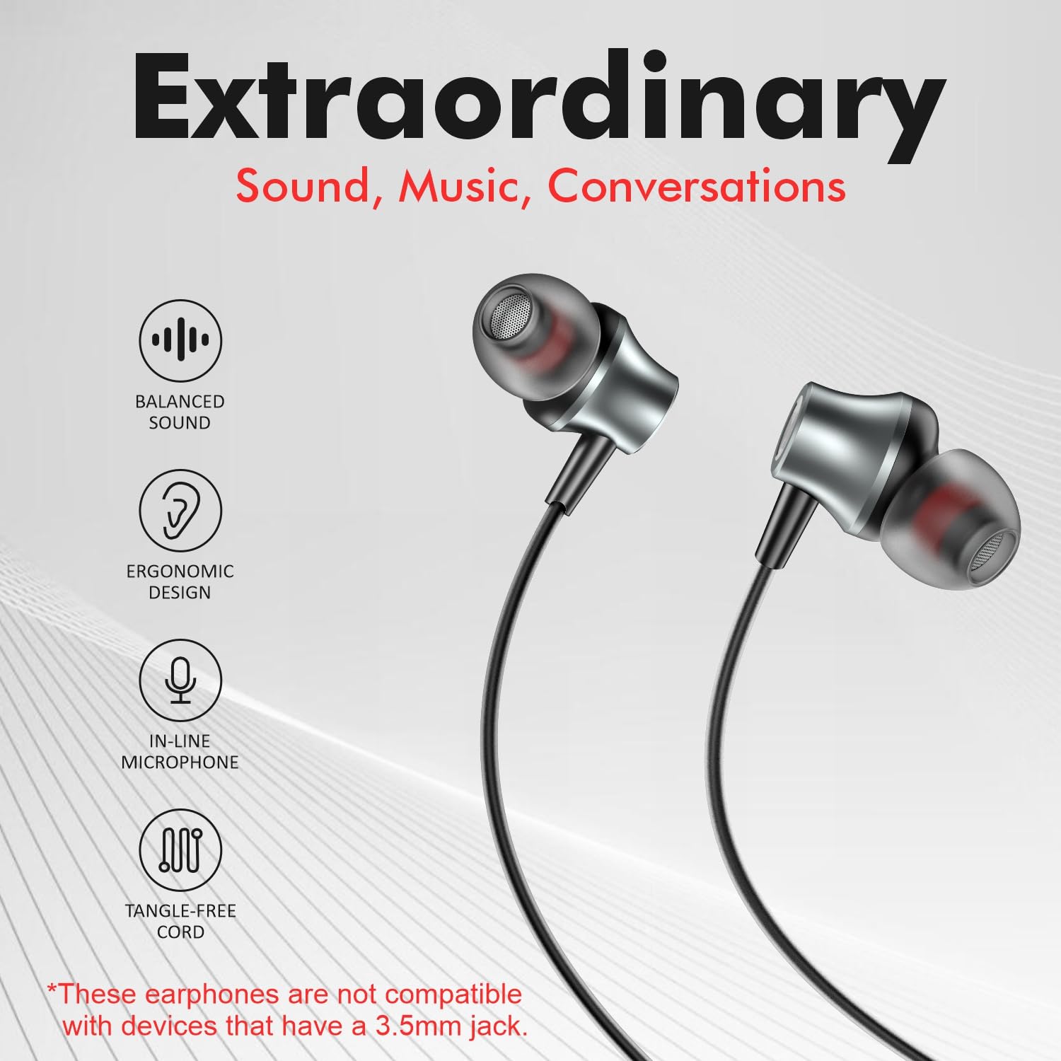 HUMBLE in Ear Wired Earphones with Mic for Type-C Port,10Mm Dynamic Drivers for Enhanced Bass,in Line Controls for Volume and Calls,1.2M Tangle Free Silicone Cable,Wide Compatibility,Metal Alloy Body