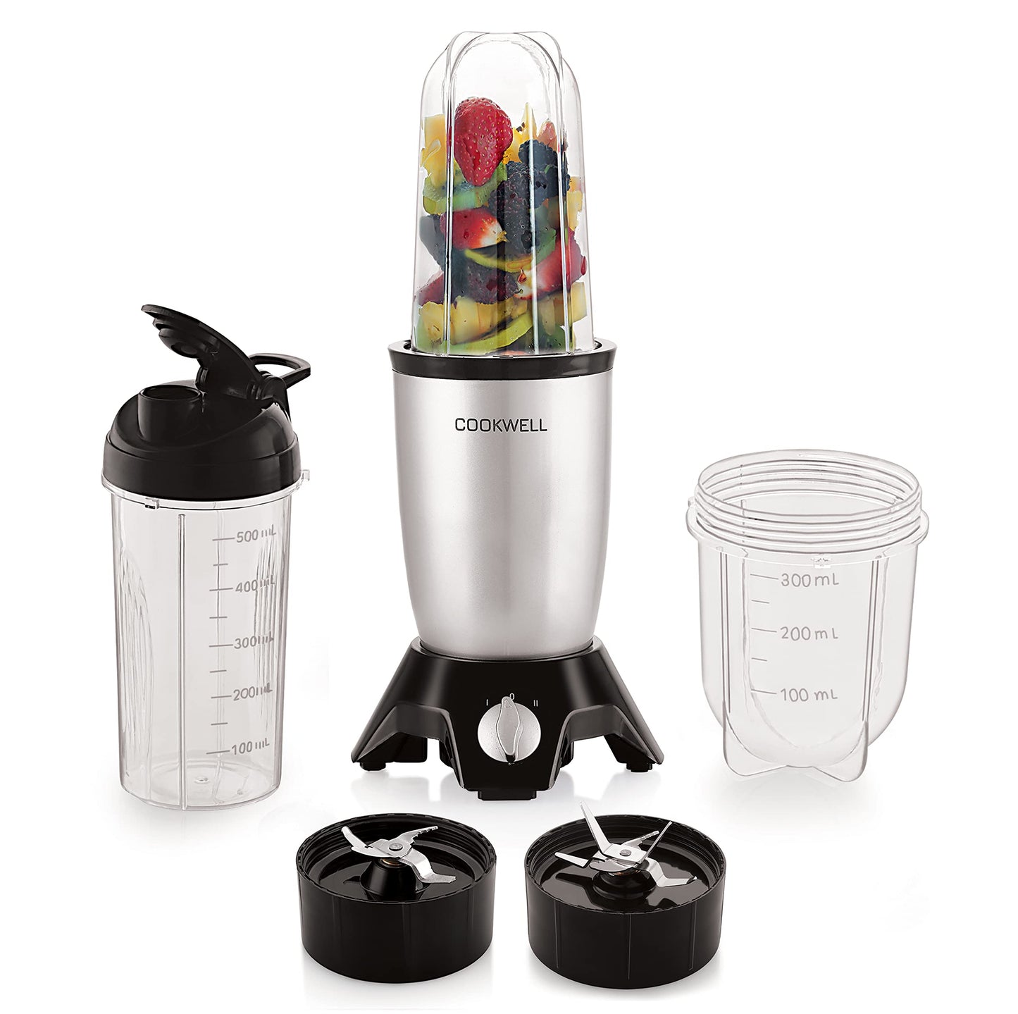 Cookwell Bullet Mixer Grinder (5 Jars, 3 Blades, Silver) - Copper, 600 Watts - 2 Year Warranty