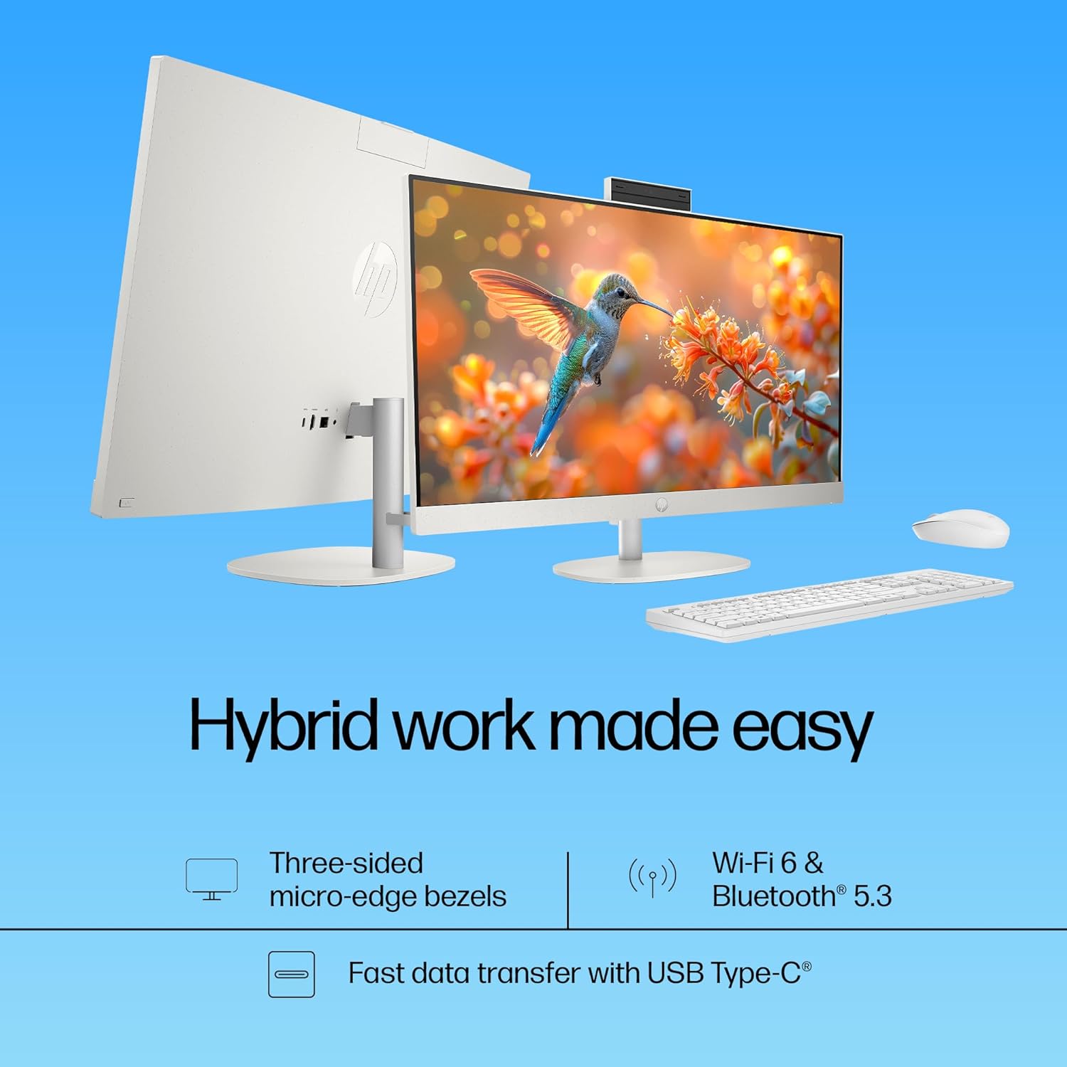 HP AIO, 13th Gen Intel Core i3-1315U,(8GB DDR4,512GB SSD) 300 nits, Anti-Glare, 23.8inch(60.5cm) FHD, Win11, M365, Office24, Shell White, 5.27kg, FHD IR tilt Camera w/Privacy Shutter, 24-cr0901in