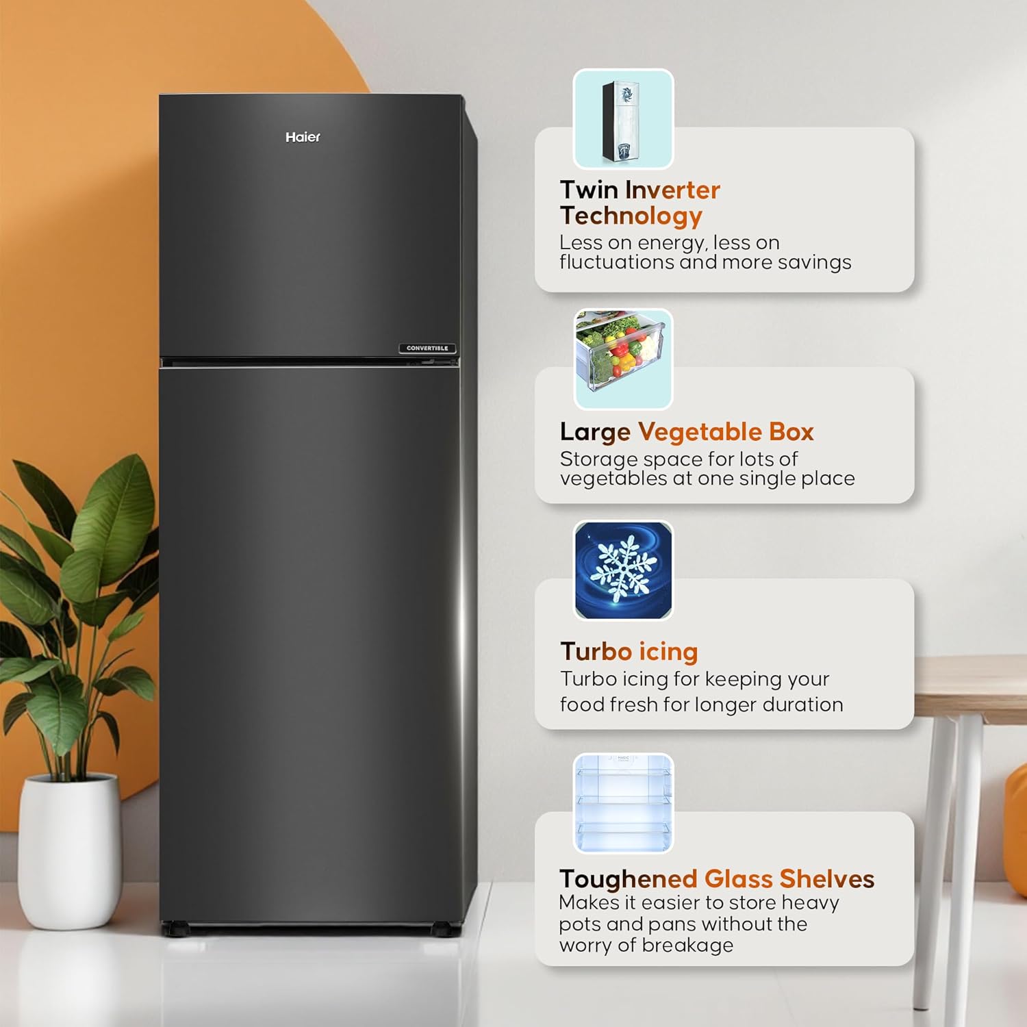 Haier 240L 3 Star Frost Free Top Mount Double Door Refrigerator|5 In 1 Convertible Modes|Twin Inverter|200% Faster Ice Making in 49 Minutes (HEF-253GB-P, GE Black)