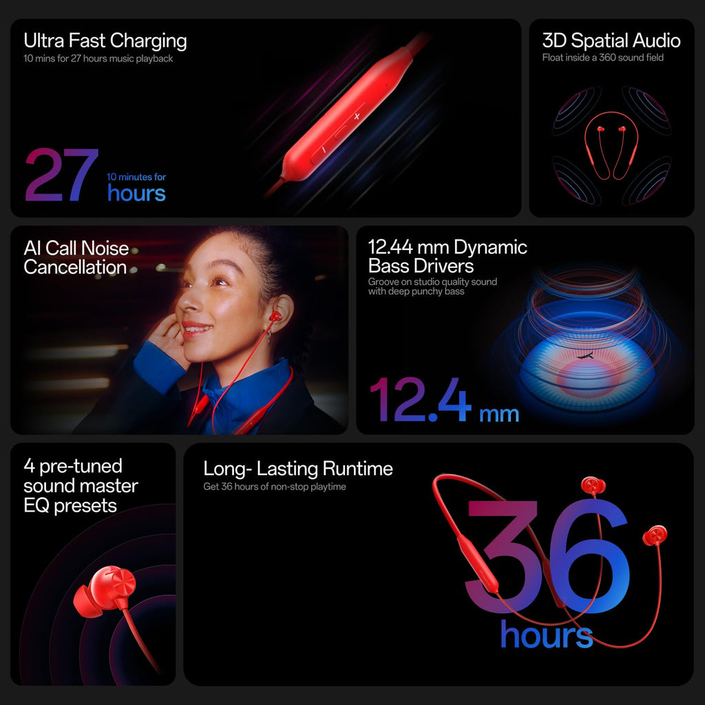 OnePlus Bullets Wireless Z3 in Ear Neckband with 12.4Mm Drivers, 3D Spatial Audio,10 Mins Charge for 27 Hrs Playback, AI Call Noise Cancellation, 4 EQ Preset, Dynamic Bass Enhancement & BT5.4, Black
