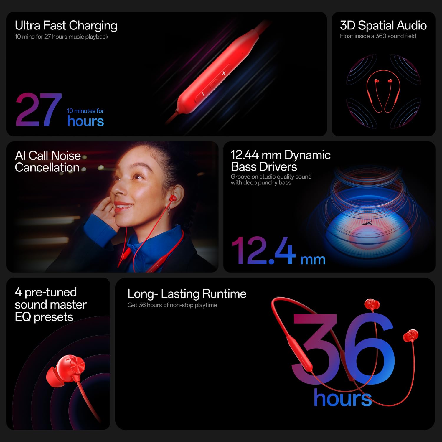 OnePlus Bullets Wireless Z3 in Ear Neckband with 12.4Mm Drivers, 3D Spatial Audio,10 Mins Charge for 27 Hrs Playback, AI Call Noise Cancellation, 4 EQ Preset, Dynamic Bass Enhancement & BT5.4, Black