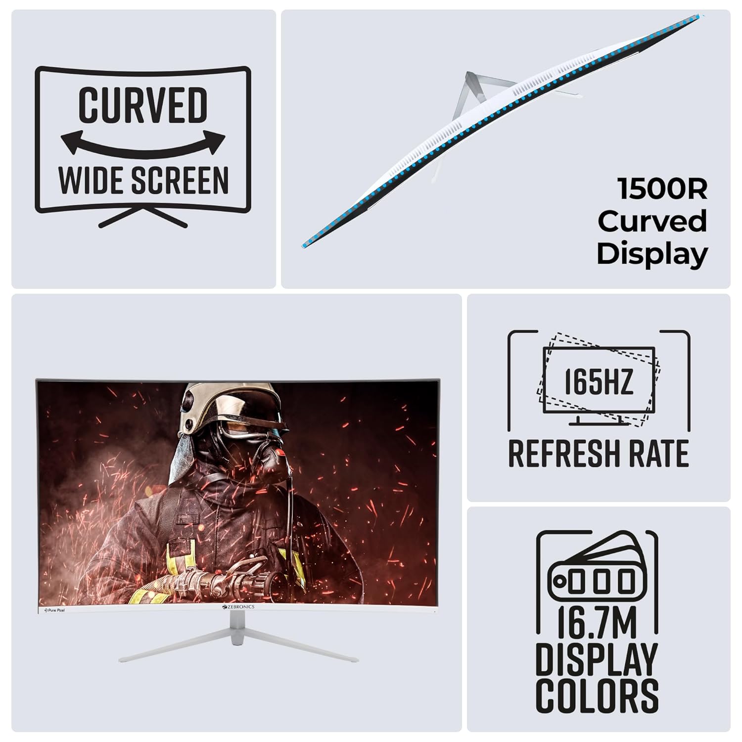 ZEBRONICS AC32FHD LED, Gaming Monitor, 32 inch (81.28cm), 300 nits, 165hz, 1800R Curved wide screen, FHD, 1080p, Wall Mountable, HDMI, DisplayPort, USB Port, Metal stand, Built-in Speakers