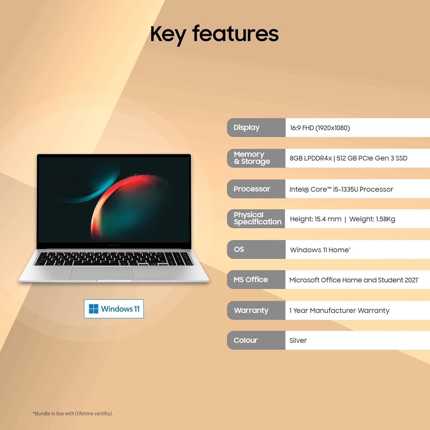 Samsung Galaxy Book3 Core i5 13th Gen 1335U - (8 GB/512 GB SSD/Windows 11 Home) Galaxy Book3 Thin and Light Laptop (15.6 Inch, Silver, 1.58 Kg, with MS Office)