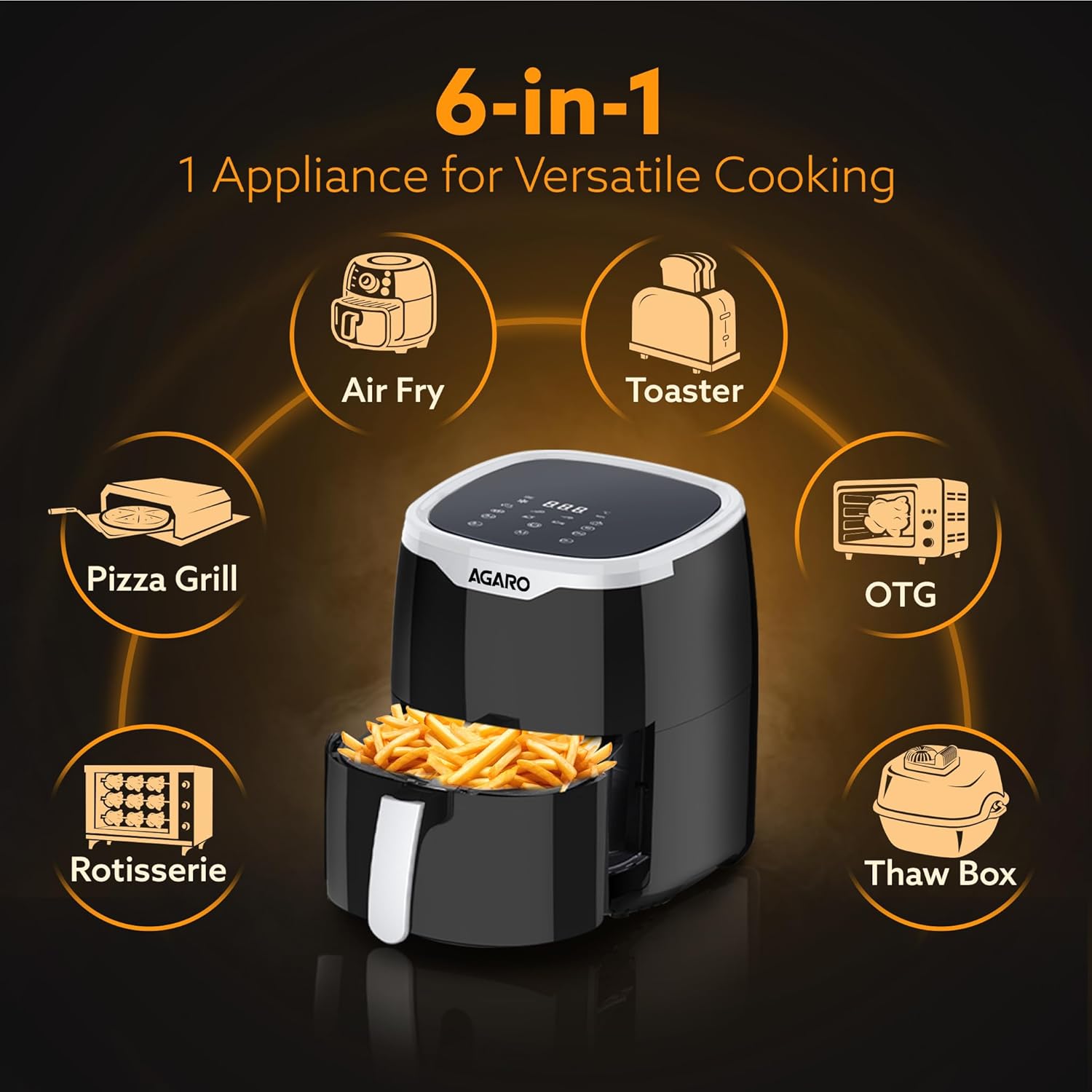AGARO Galaxy Digital Air Fryer For Home, 4.5L, Electric Air Fryer, Convection Oven, 1400W, 7 Preset Programs & Reheat, 360 Degrees Air Circulation, Digital Touch Display, Bake, Roast, Toast, Black