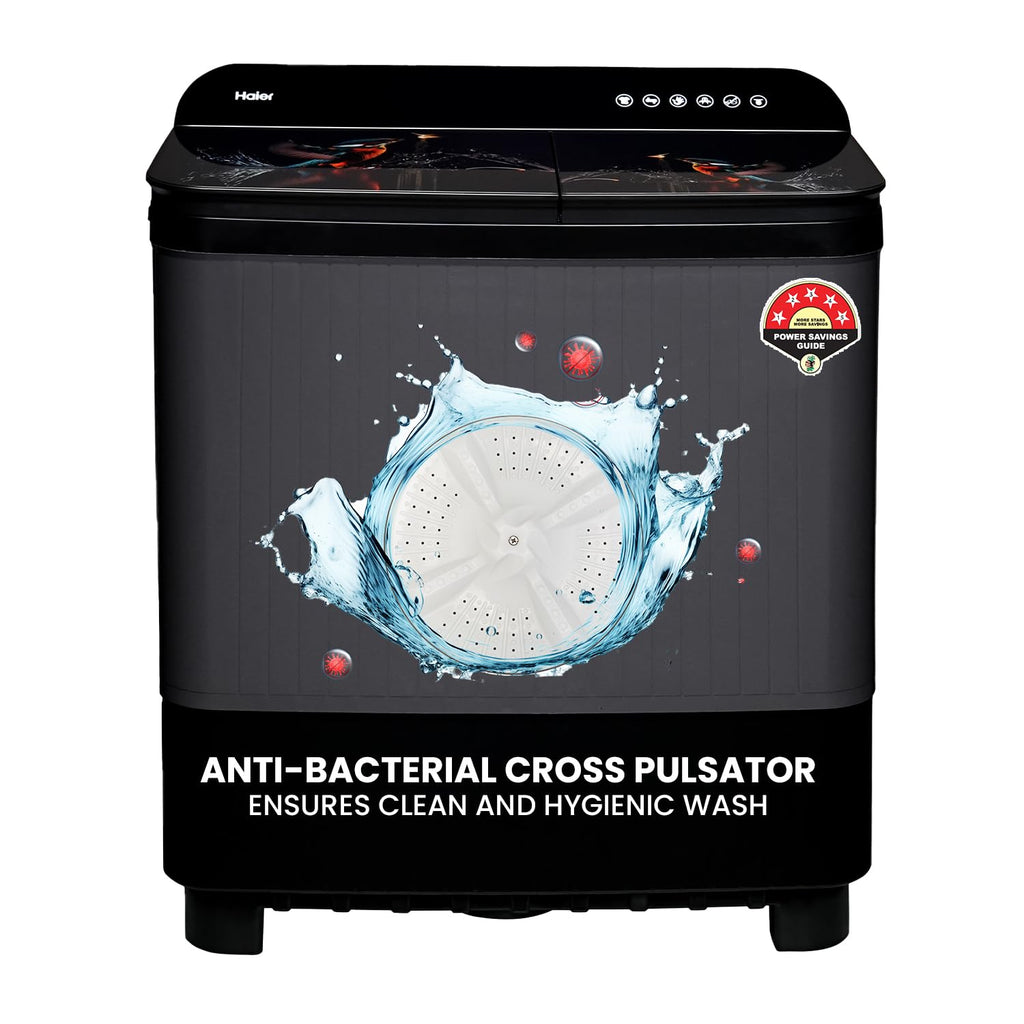 Haier 9 kg 5 Star Toughened Glass & Vortex pulsator Semi Automatic Top Load (HTW90-178FL,Black)