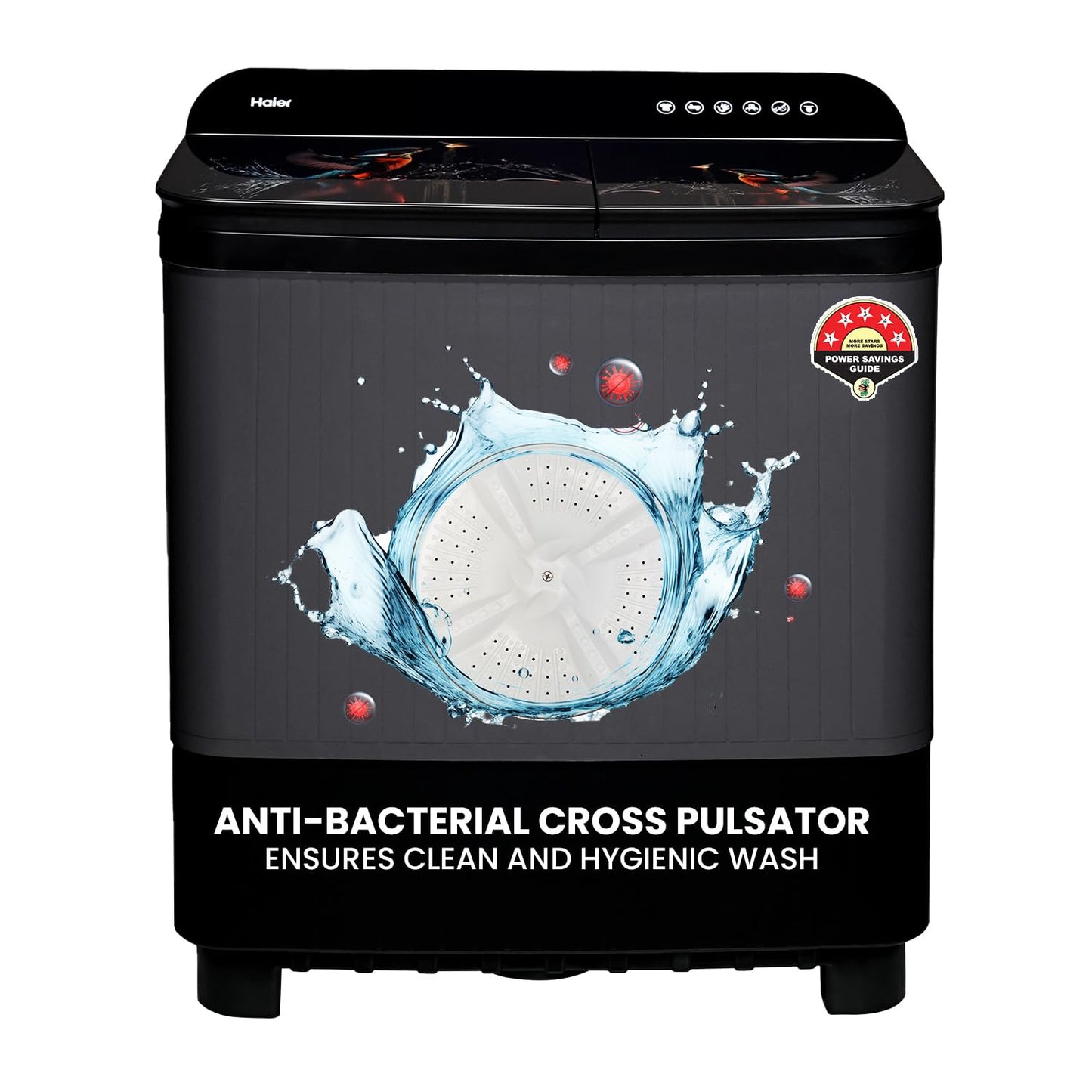 Haier 9 kg 5 Star Toughened Glass & Vortex pulsator Semi Automatic Top Load (HTW90-178FL,Black)