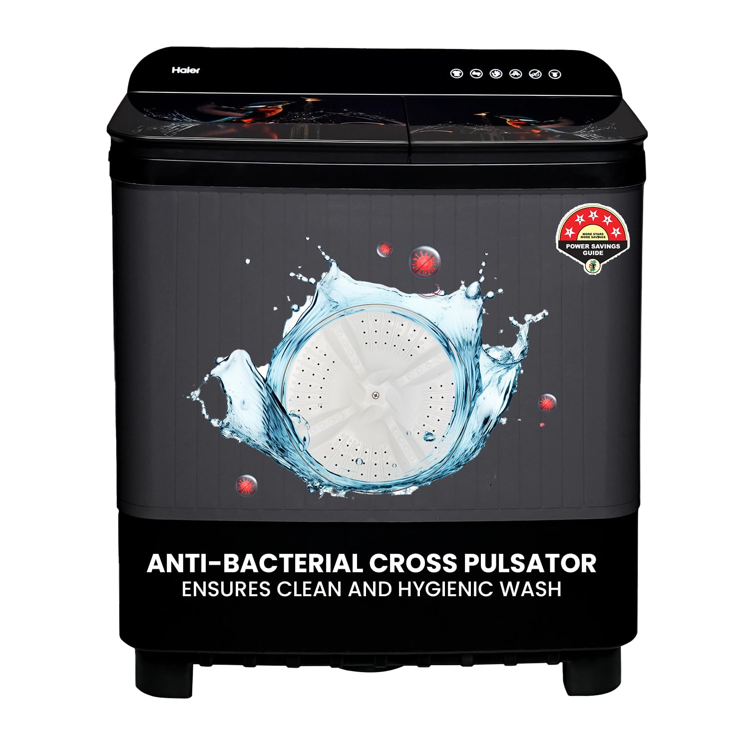 Haier 9 kg 5 Star Toughened Glass & Vortex pulsator Semi Automatic Top Load (HTW90-178FL,Black)