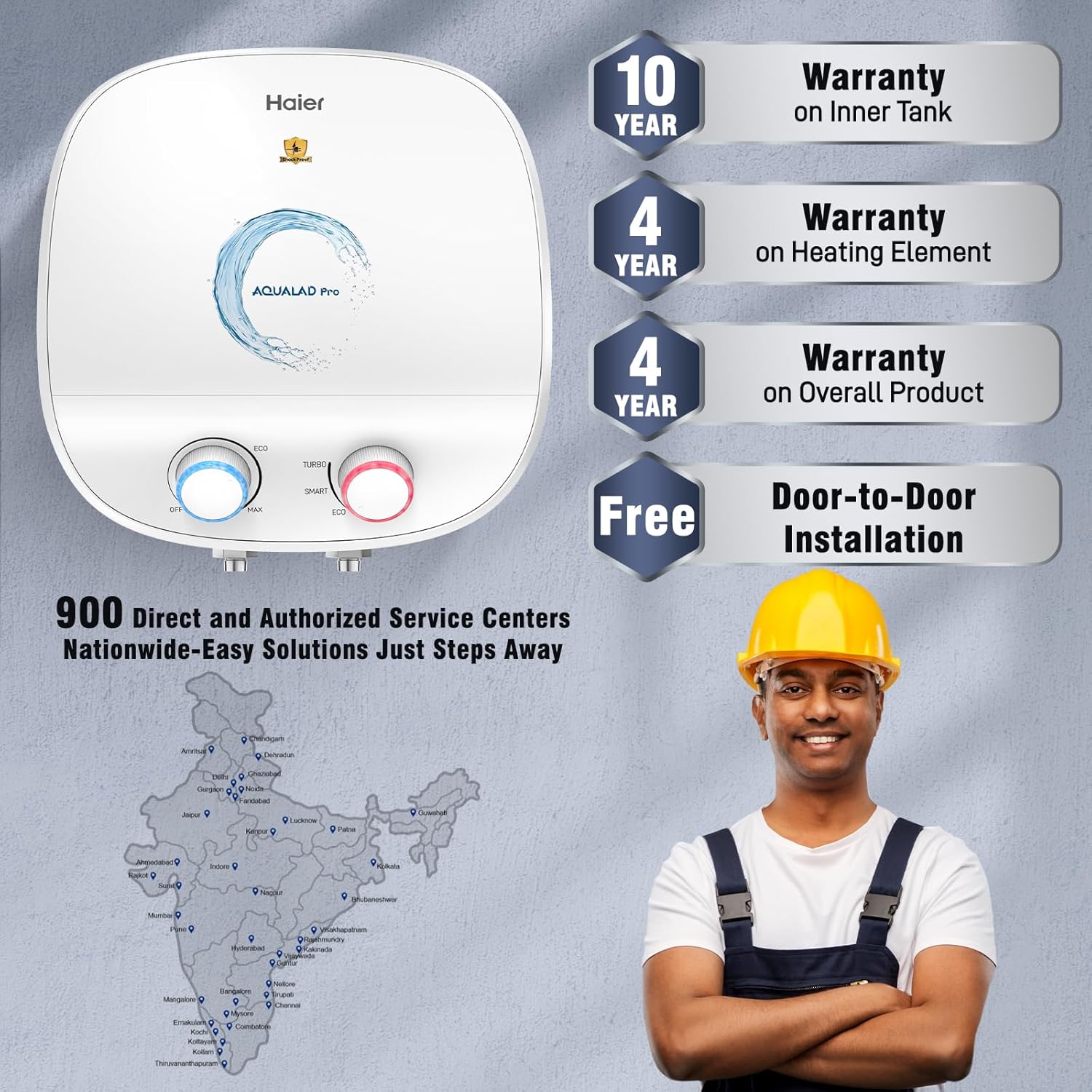 Haier Aqualad Pro Geyser 15 Litre 5 Star 1-3KW Adjustable Storage Water Geyser |Free Installation&Flexi Pipe| Warranty 10 Yr on Tank |Dual Control Knob |Shockproof Tech |Glassline Tank |9-Level Safety