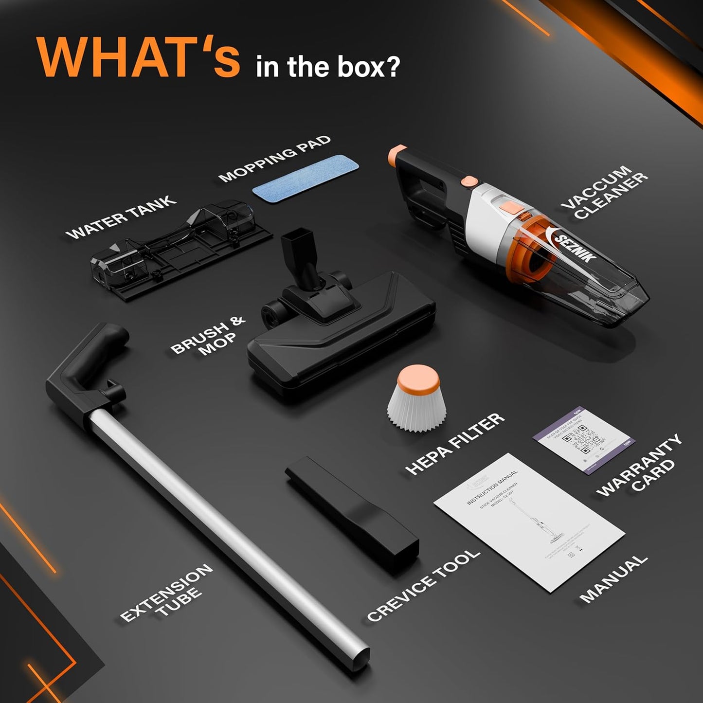 SEZNIK Vacuum Cleaner for Home Use Wet and Dry | Turbo Sweep 3-in-1 Handheld Vacuum Cleaners | Corded, 600W, 20kpa Suction | 200ml Water Tank | Vacuum & Mopping (SZ-V07)