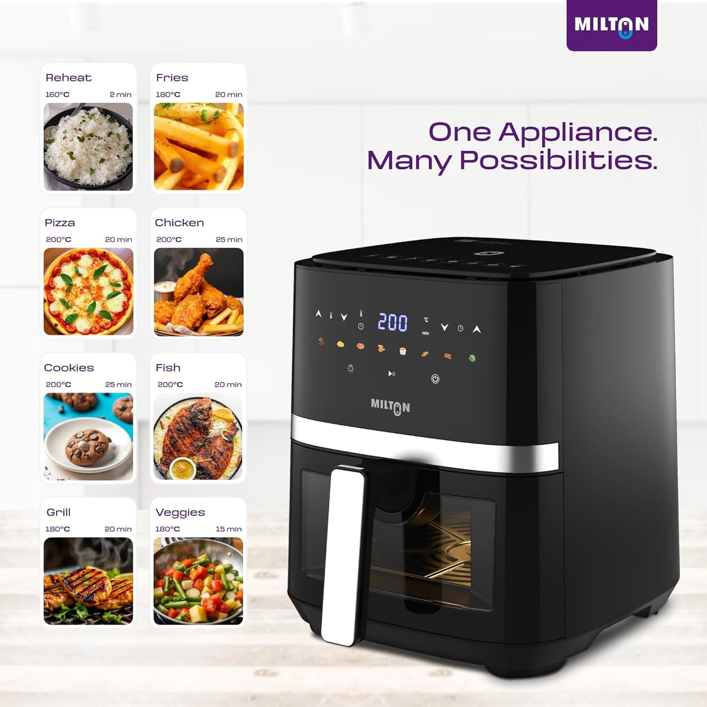 Milton Rapid Digital Air Fryer 5L | 1450W | 360° High Speed Air Circulation | Up to 90% Less Oil Usage | 8 Preset Menus | Touch Control Panel & Digital Display | Auto Shut-Off | 1 Year Warranty