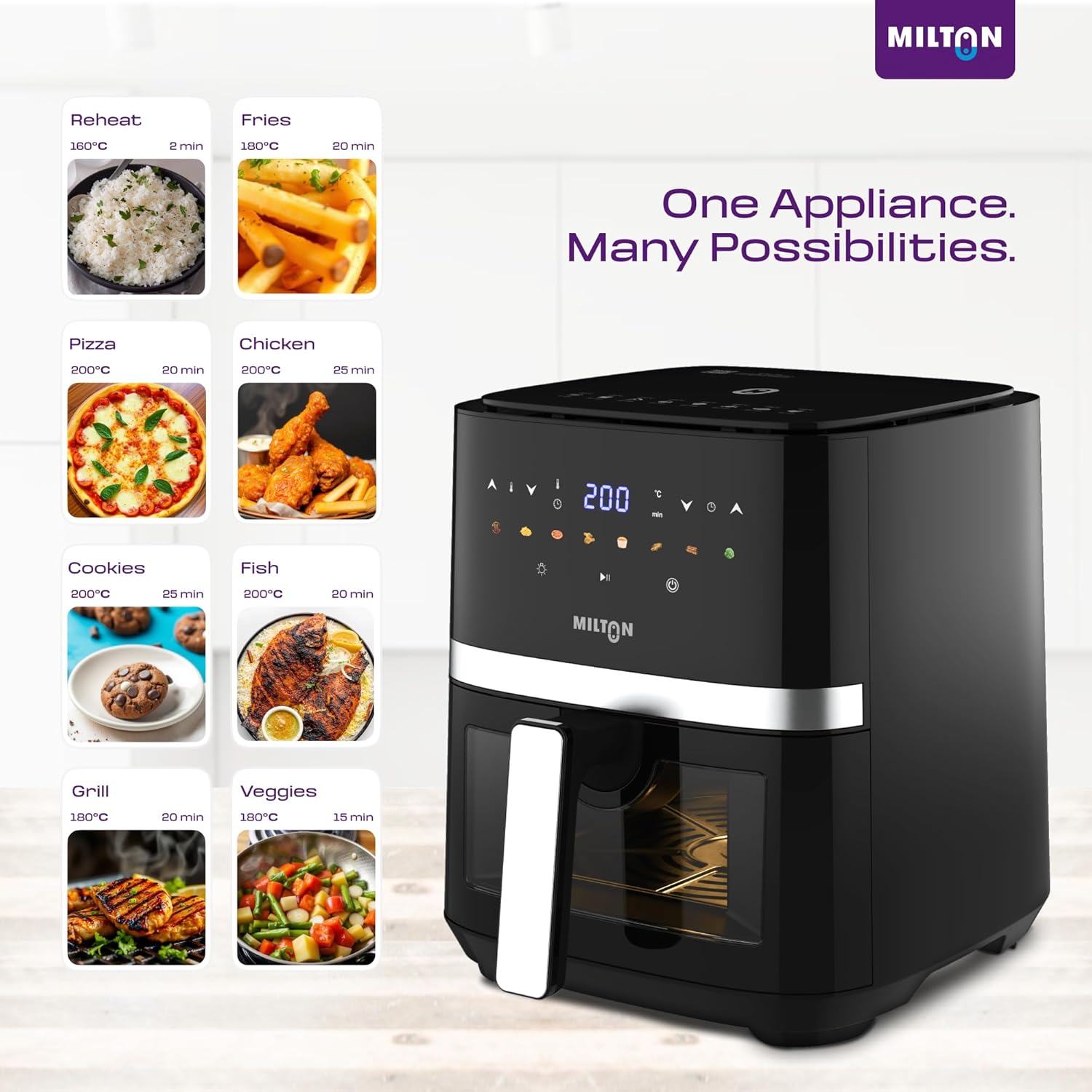 Milton Rapid Digital Air Fryer 5L | 1450W | 360° High Speed Air Circulation | Up to 90% Less Oil Usage | 8 Preset Menus | Touch Control Panel & Digital Display | Auto Shut-Off | 1 Year Warranty