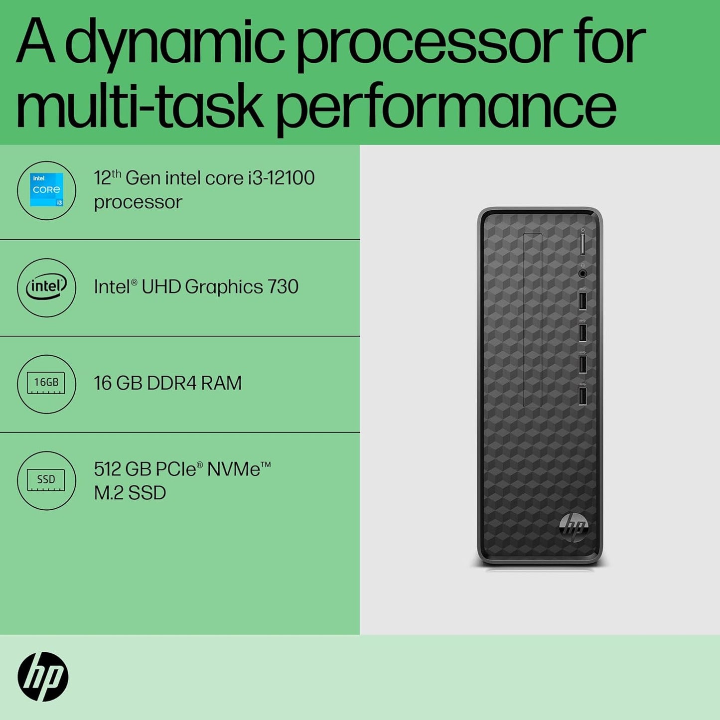 HP Slim Tower 12th Gen Intel Core i3-Processor:Intel Core i3-12100 (16GB RAM/512GB SSD/Black Wired Keyboard & Mouse/Intel UHD Graphics 730/Windows 11/MS Office 21/Dark Black), S01-pF2001in