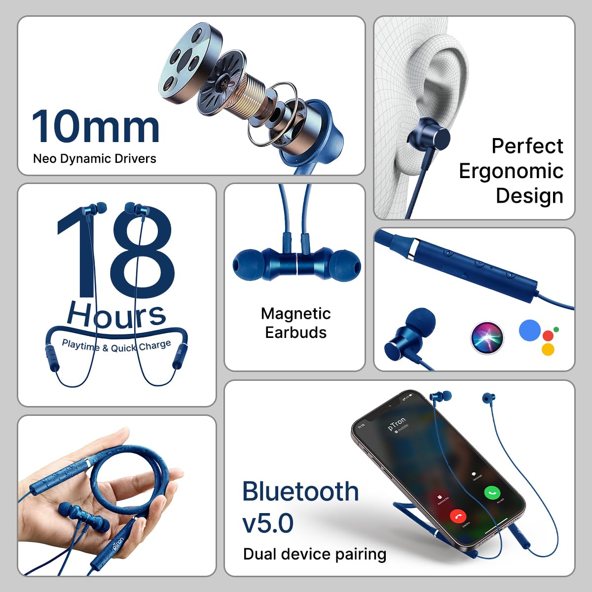pTron Tangentbeat in Ear Bluetooth Wireless Headphones with Mic, Punchy Bass, 10mm Drivers, Clear Calls, Dual Pairing, Fast Charging, Magnetic Buds, Voice Assist & IPX4 Wireless Neckband (Dark Blue)