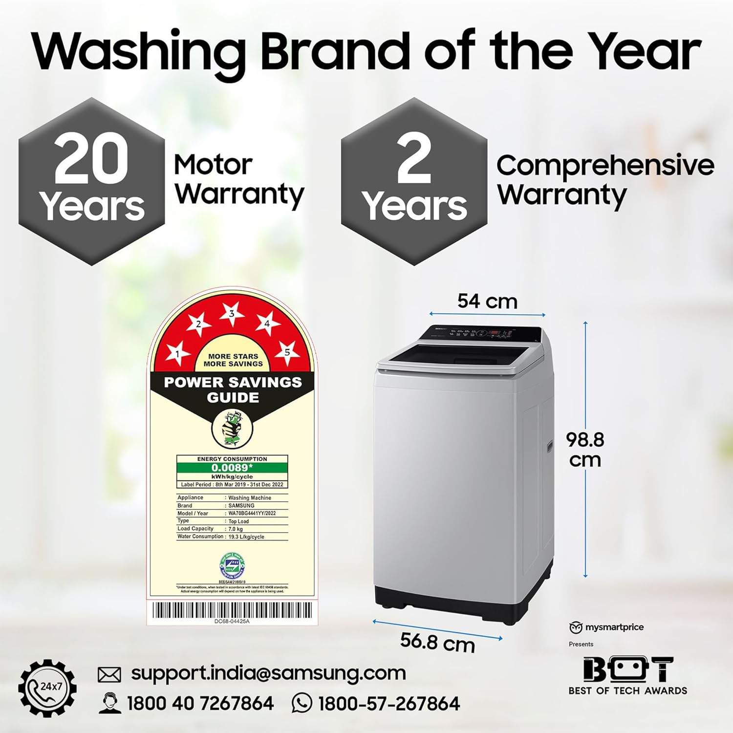 Samsung 7 kg, Eco Bubble Technology, Digital Inverter Motor, Soft Closing Door, Fully-Automatic Top Load Washing Machine (WA70BG4441YYTL, Lavender Gray)