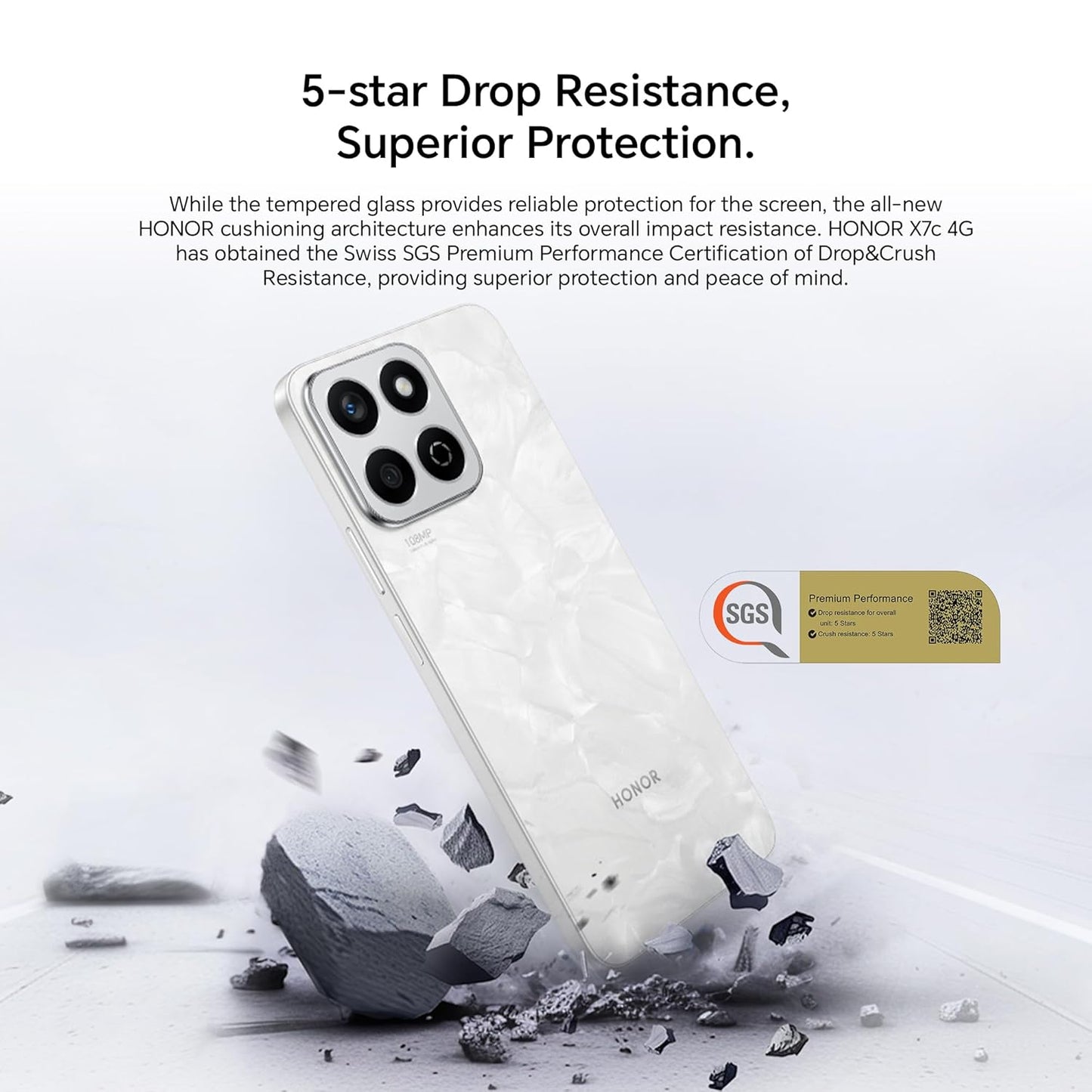 Honor X7c 5G Dual SIM | 16GB (8+8) RAM, 256GB Storage | 50MP AI Camera | 5 Star SGS Certified | IP64 Standards | 120Hz Refresh Rate | 5200mAh Battery | (Moonlight White)