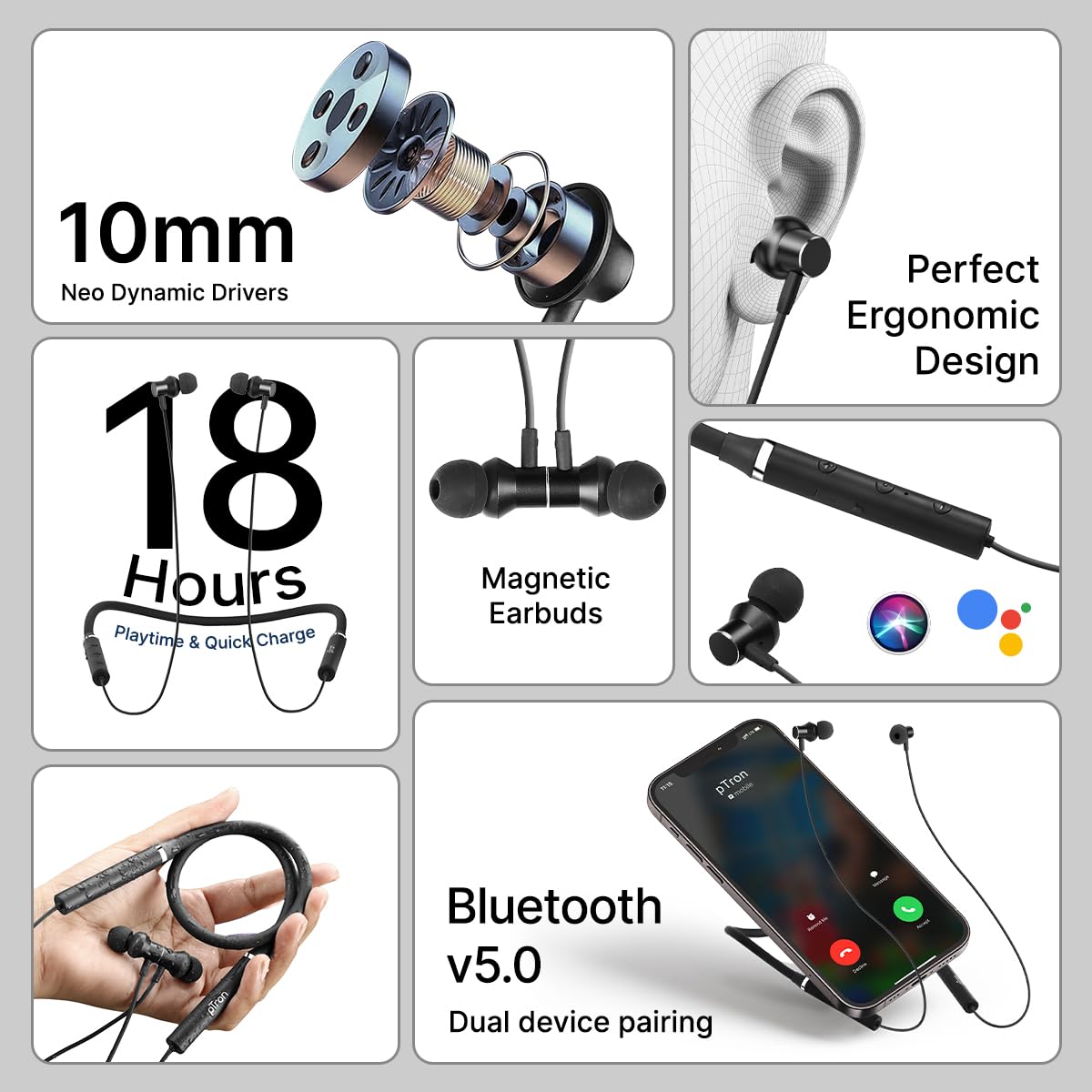 pTron Tangentbeat in Ear Bluetooth 5.0 Wireless Headphones with Mic, Deep Bass, 10mm Drivers, Clear Calls, Dual Pairing, Fast Charging, Magnetic Buds, Voice Assistant & IPX4 Wireless Neckband (Black