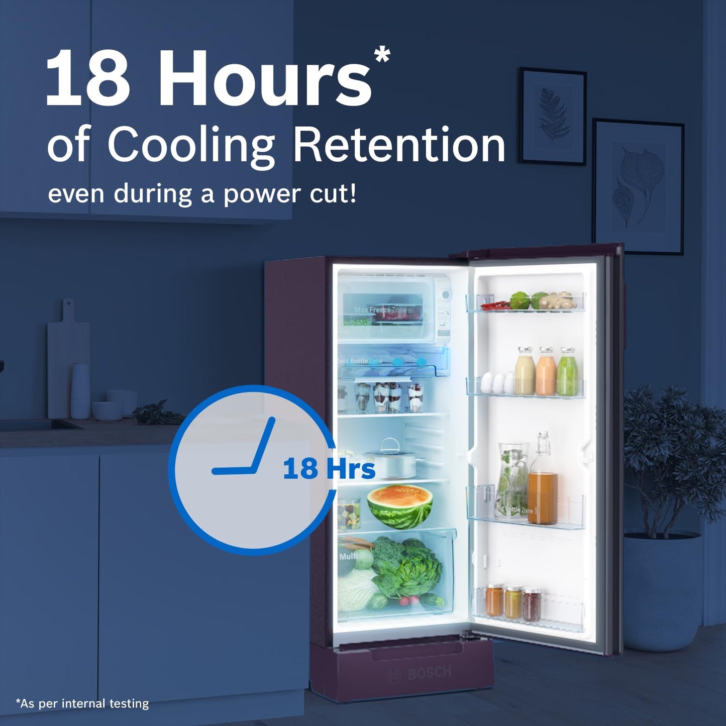 Bosch 187 L, 3 Star, Single Door Refrigerator with Industry's largest base drawer, vegetable box* & Beverage space (CST18W23PI, Wine Flower) 18 Hr Cooling Retention, 2.5x Cooling, Inverter compressor