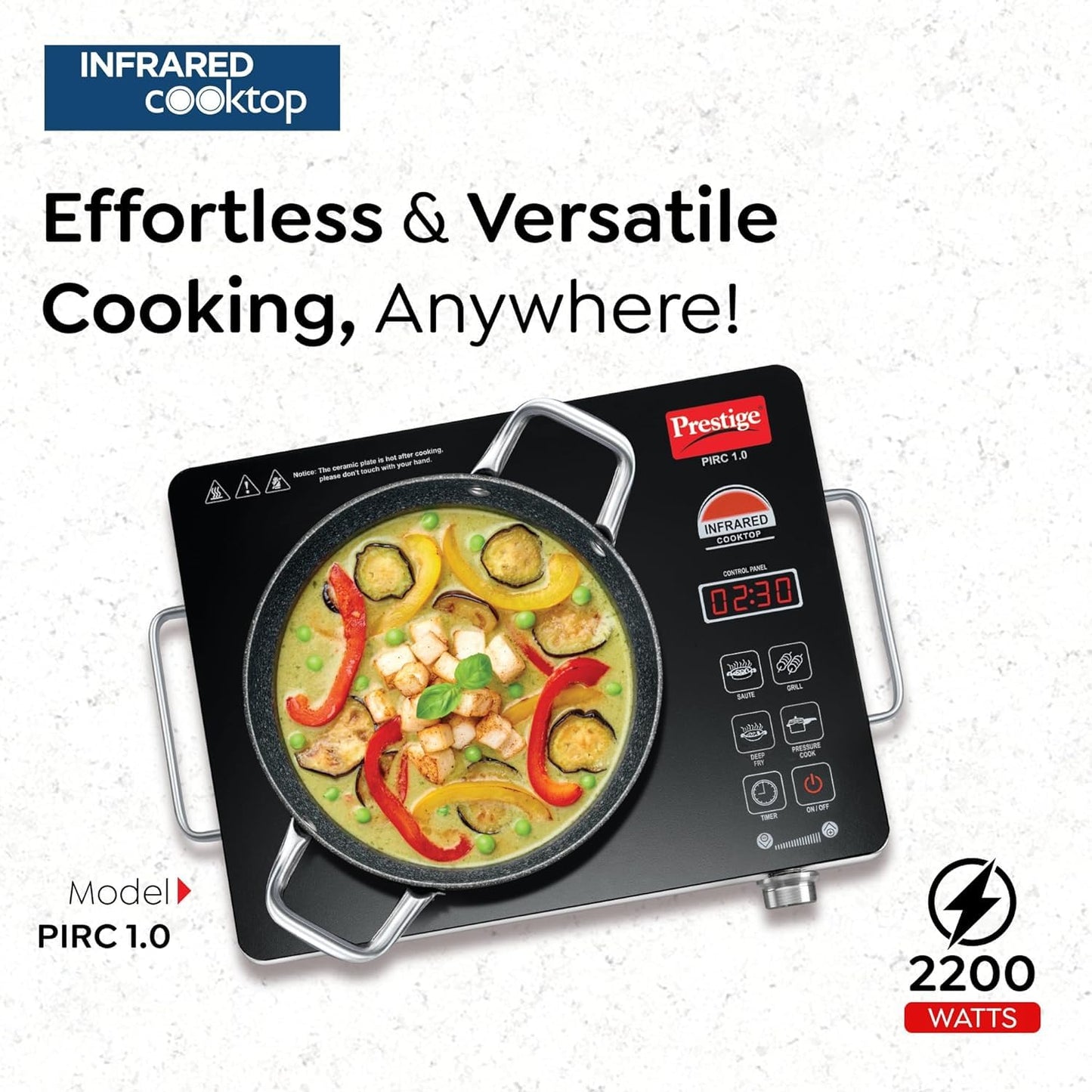 Prestige Infrared Cooktop PIRC 1.0 | 2200W, Stainless Steel & Ceramic | Adjustable Temperature Control | Cool Touch Handle | 1-Year Warranty | Black