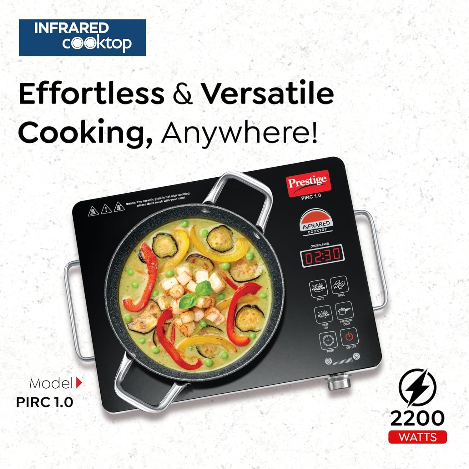 Prestige Infrared Cooktop PIRC 1.0 | 2200W, Stainless Steel & Ceramic | Adjustable Temperature Control | Cool Touch Handle | 1-Year Warranty | Black