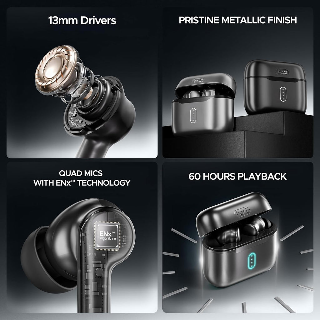 boAt Airdopes 141 Pro Buds, 13mm Drivers, Metallic Finish, 60HRS Battery, 4Mics ENx, Fast Charge, IPX5, v5.3 Bluetooth TWS in Ear Earbuds Wireless Earphones with mic (Obsidian Black)
