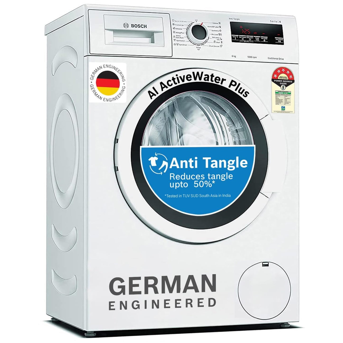 Bosch 8 kg, 5 Star, AI Active Water+, Anti-Tangle, Steam Anti Bacteria, Anti-Wrinkle Fully-Automatic Front Loading Washing Machine (WAJ28260IN, Reload Function, In-Built Heater, White)
