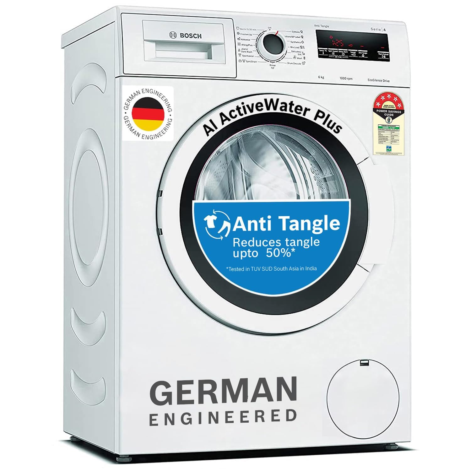 Bosch 8 kg, 5 Star, AI Active Water+, Anti-Tangle, Steam Anti Bacteria, Anti-Wrinkle Fully-Automatic Front Loading Washing Machine (WAJ28260IN, Reload Function, In-Built Heater, White)