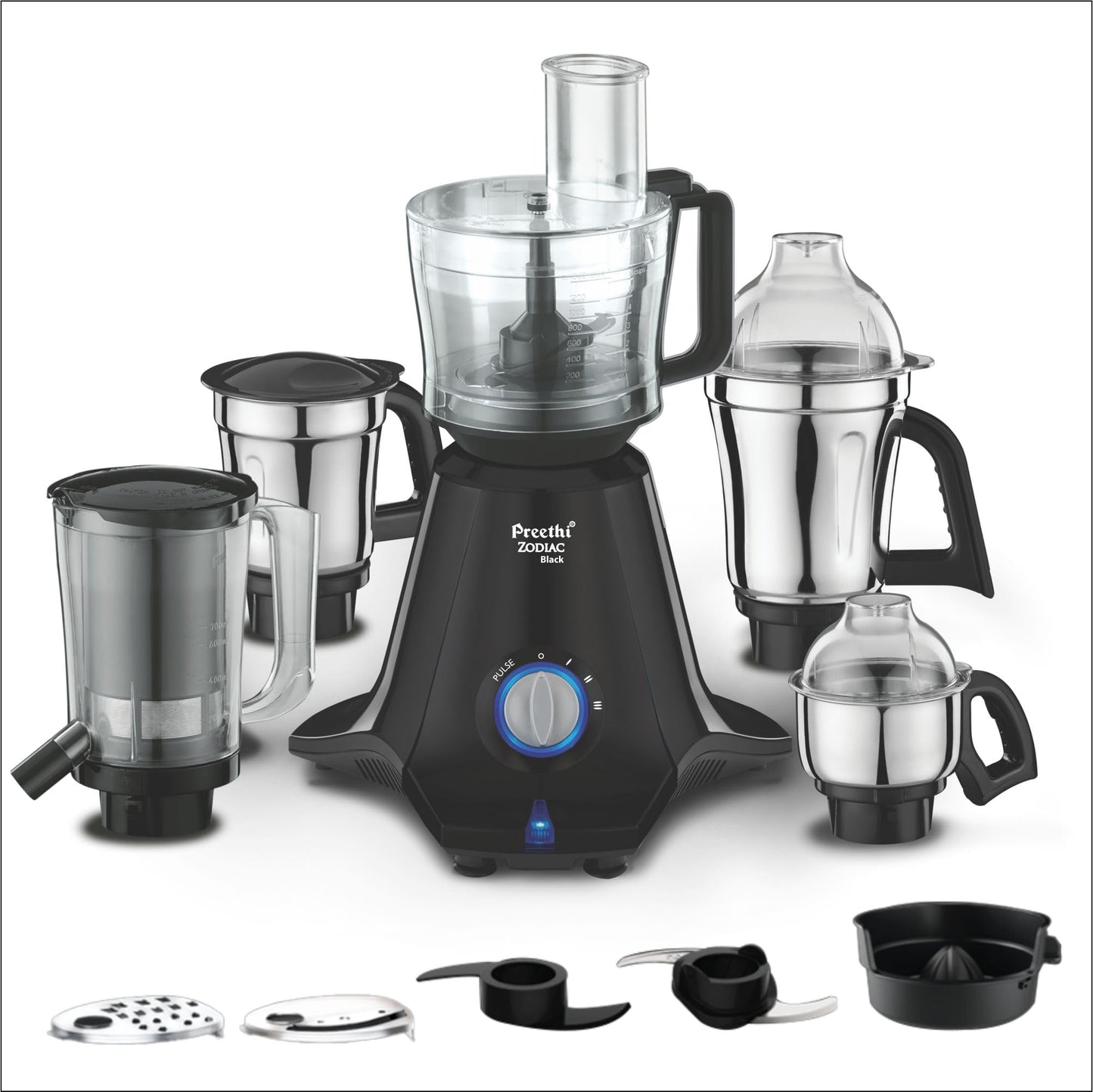 Preethi Zion Mixer Grinder for Kitchen - 4 Jars 750 Watt Mixie (3 Stainless steel Jars+1 Master Chef Plus Food processor Jar), Flexi lids, Vega W5 motor, Black (MG-227)