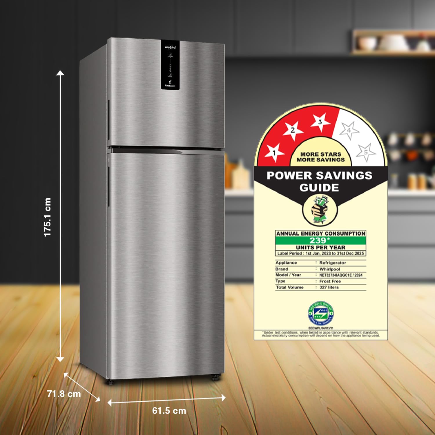 Whirlpool 327 L 3 Star Convertible Frost Free inverter Double Door Refrigerator (IF INV 375 ILLUSIA STEEL(3S) CONV-TL)