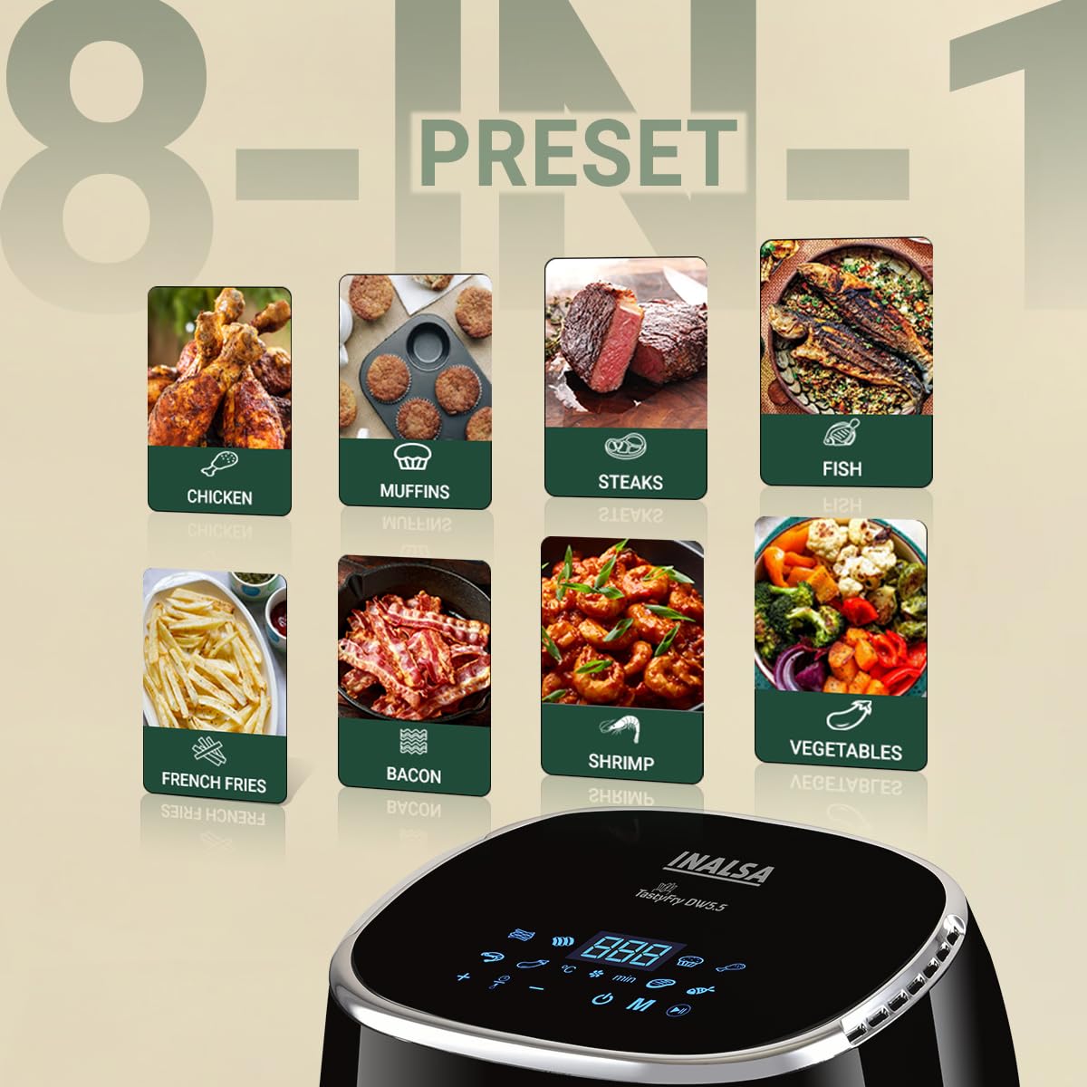 INALSA Air Fryer for Home|5.5 liter Capacity|Visible Window & Internal Light|1600 W with Smart AirCrisp Technology|6-In-1 Appliance With 8 Preset Menu & Digital Display (Tasty fry DW5.5) Black