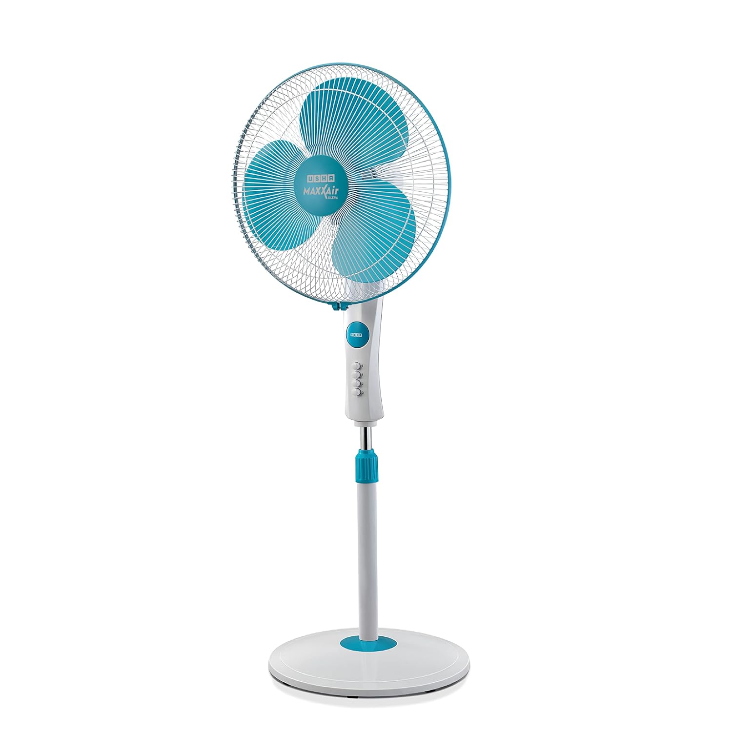 USHA Maxx Air Ultra Pedestal Fan | 400MM Sweep Size | 1350 RPM | Aerodynamic Blade Design for High Air Delivery | Anti - Rust Protection | Copper Motor | Light Blue
