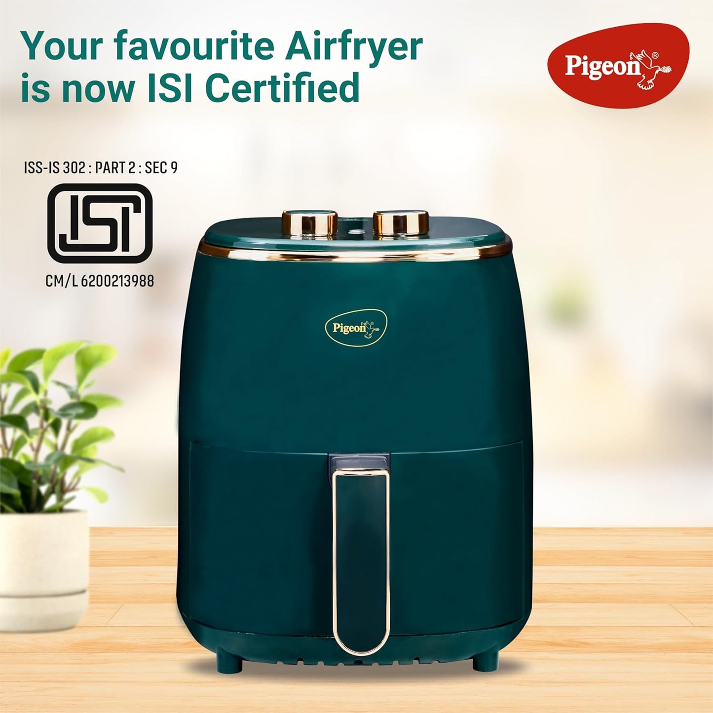 Pigeon Healthifry Manual Air Fryer, 360° High Speed Air Circulation Technology 1200 W with Non-Stick 4.2 L Basket - Green