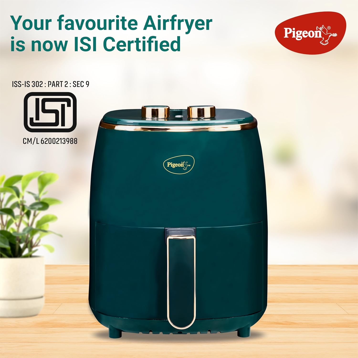 Pigeon Healthifry Manual Air Fryer, 360° High Speed Air Circulation Technology 1200 W with Non-Stick 4.2 L Basket - Green