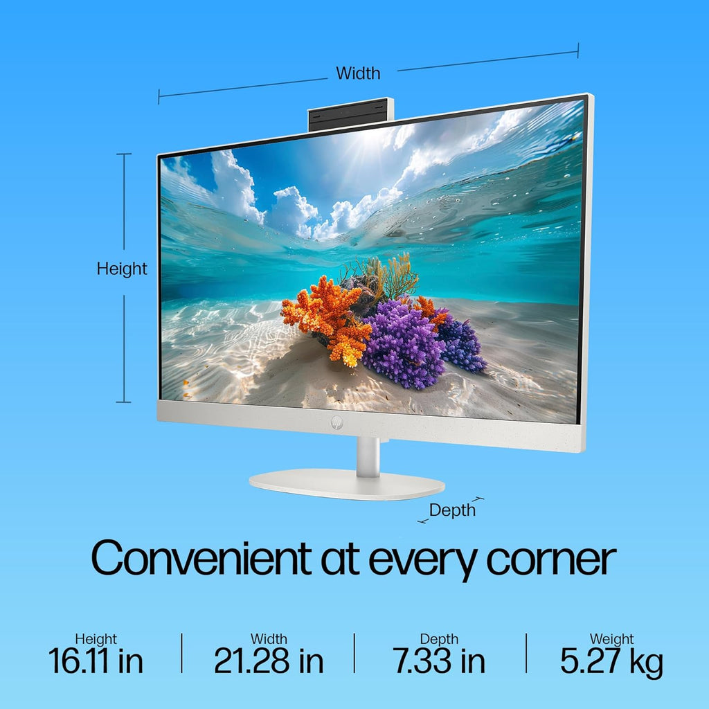 HP AIO, 13th Gen Intel Core i3-1315U,(8GB DDR4,512GB SSD) 300 nits, Anti-Glare, 23.8inch(60.5cm) FHD, Win11, M365, Office24, Shell White, 5.27kg, FHD IR tilt Camera w/Privacy Shutter, 24-cr0901in