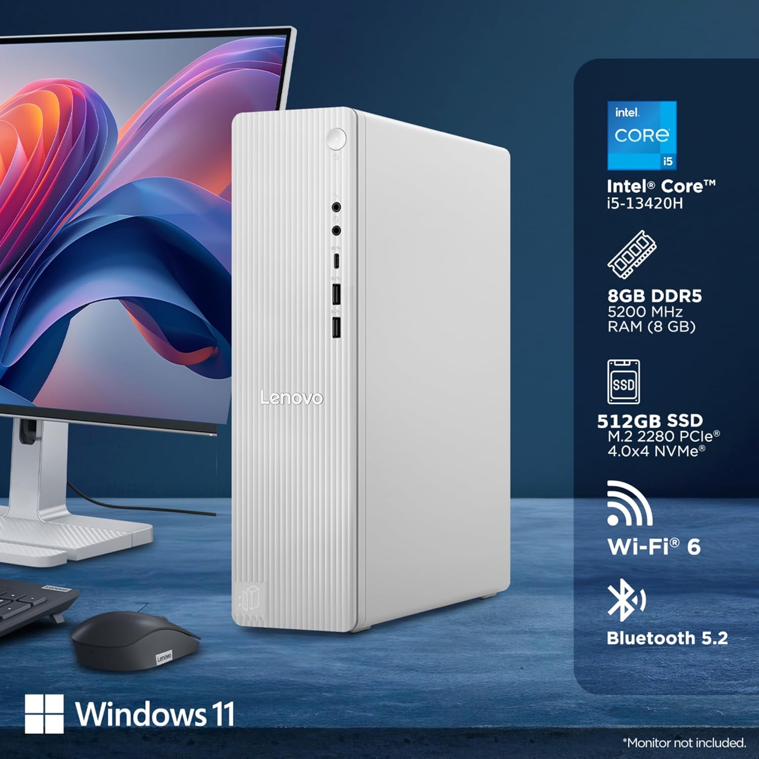 Lenovo IdeaCentre Tower 13th Gen Core i5-13420H (8GB RAM/512GB SSD/Integrated Intel UHD Graphics/Windows 11/WiFi 6/Bluetooth 5.2/USB Calliope Keyboard & Mouse/3Yr Warranty/Grey), 90XW005UIN