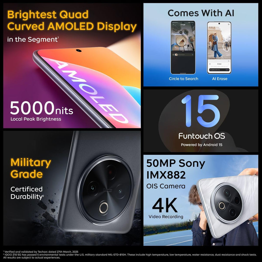 iQOO Z10 5G (Glacier Silver, 8GB RAM, 256GB Storage) | India's Biggest Ever 7300 mAh Battery | Snapdragon 7s Gen 3 Processor | Brightest Quad Curved AMOLED Display in The Segment