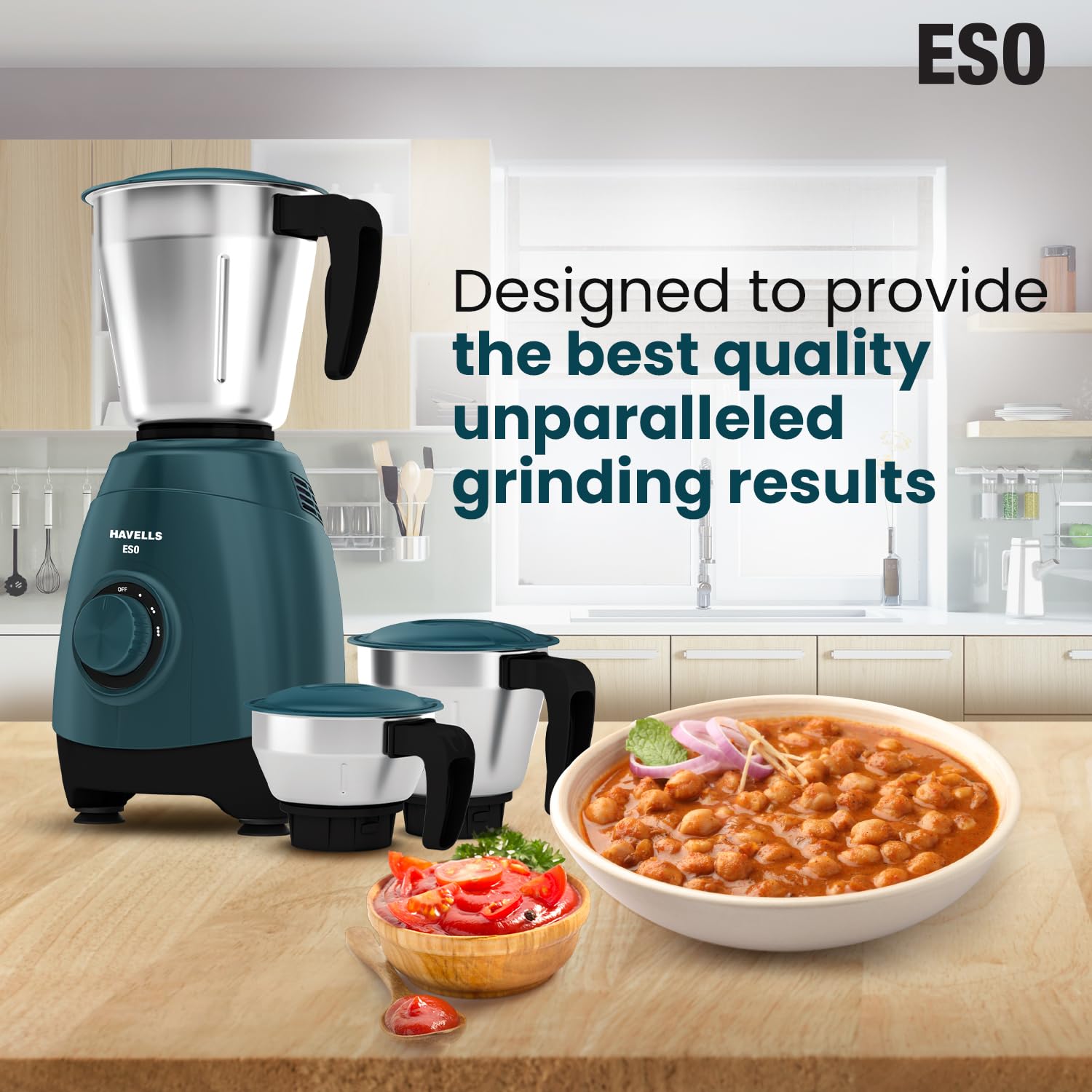 Havells ESO 750 Watt Mixer Grinder | 3 Stainless Steel Jars with Handles | 304 Rust-Resistant SS Blades | 21000 RPM High-Speed Motor | 5-Year Motor Warranty | Heavy-Duty Mixie (Teal)