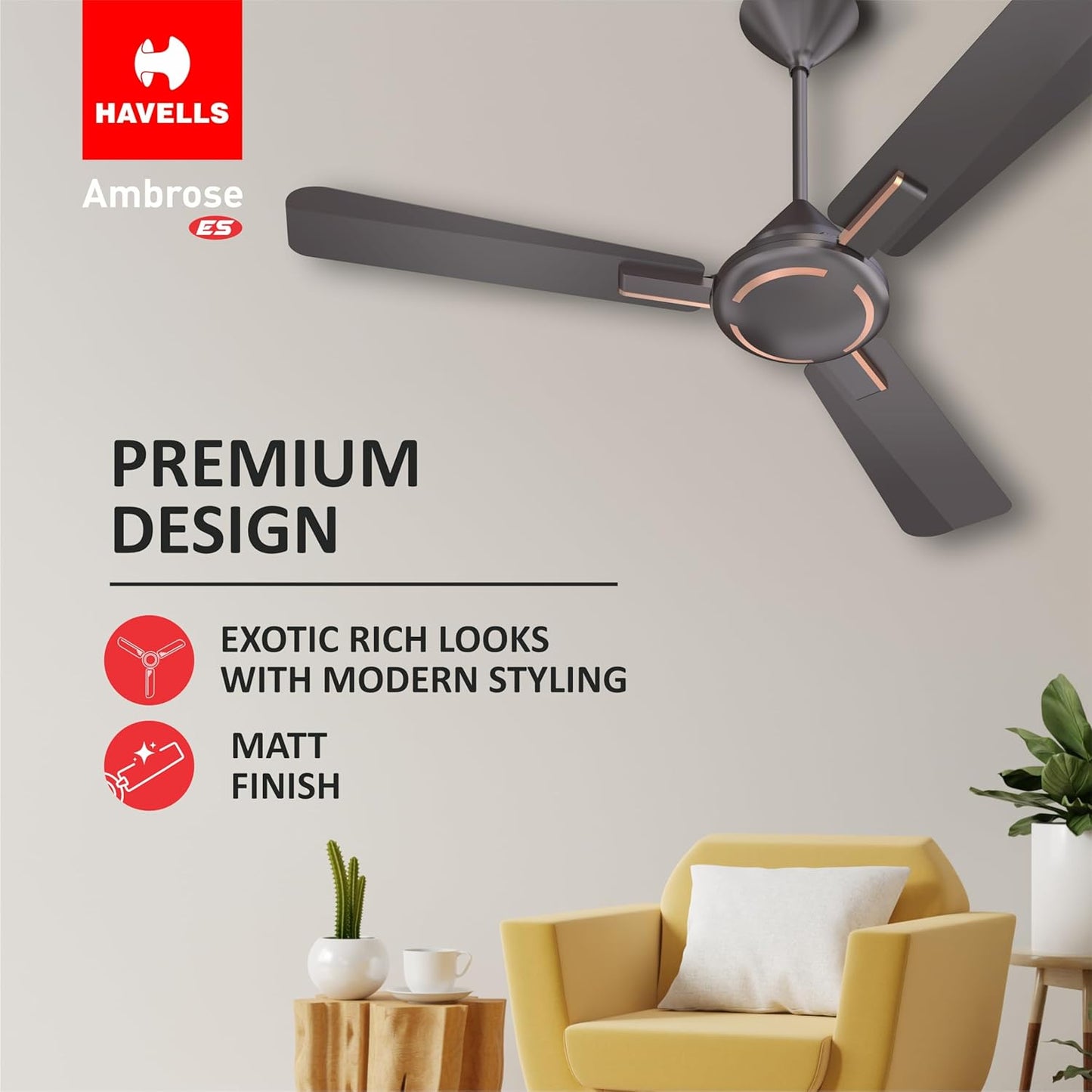 Havells 1200Mm Ambrose Es Ceiling Fan|Premium Matt Finish,Decorative Fan,Elegant Looks,High Air Delivery,Energy Saving,100% Pure Copper Motor|2 Year Warranty By Brand|3.8 stars,(Pack Of 1,Copper)