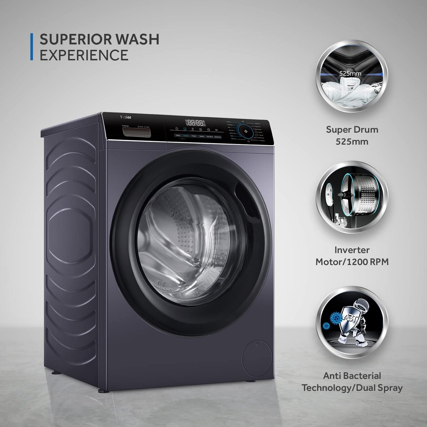 Haier 7 Kg 5 Star Inverter Direct Motion Motor Fully Automatic Front Load Washing Machine (HW70-IM12929S6, 525 Super Drum, Puri Steam, Starry Silver)