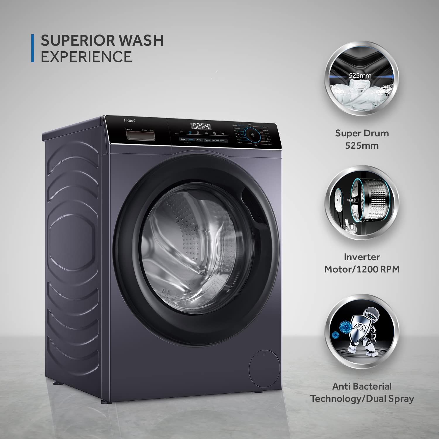 Haier 7 Kg 5 Star Inverter Direct Motion Motor Fully Automatic Front Load Washing Machine (HW70-IM12929S6, 525 Super Drum, Puri Steam, Starry Silver)