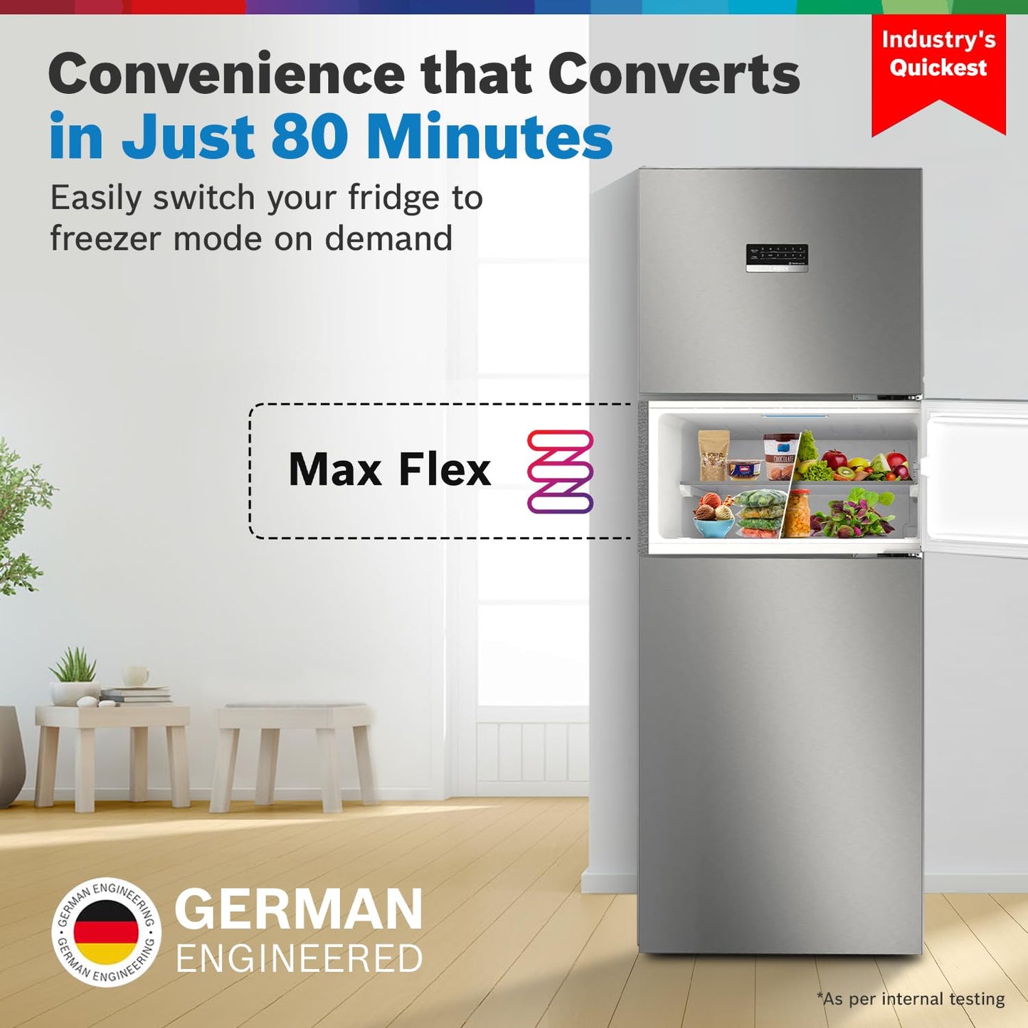 Bosch MaxFlex Convert 303L 3 Star Inverter Frost Free Triple Door Refrigerator (2023 model, CMC33S03NI, 8-in-1 Convertible, UV Protected Body Shield, VitaFresh Technology, Adaptive UI, Sparkly Steel)