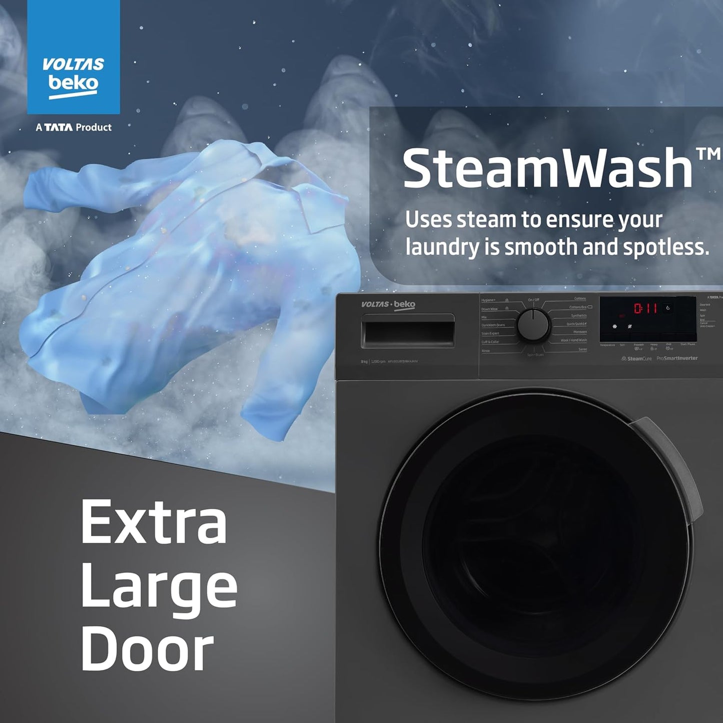 Voltas Beko, A Tata Product 8 Kg 5 Star Inverter Quick wash Fully-Automatic Front Loading Washing Machine (WFL8012B7JVBKA/AXV, Anthracite, In buit Heater/Hygiene steam)