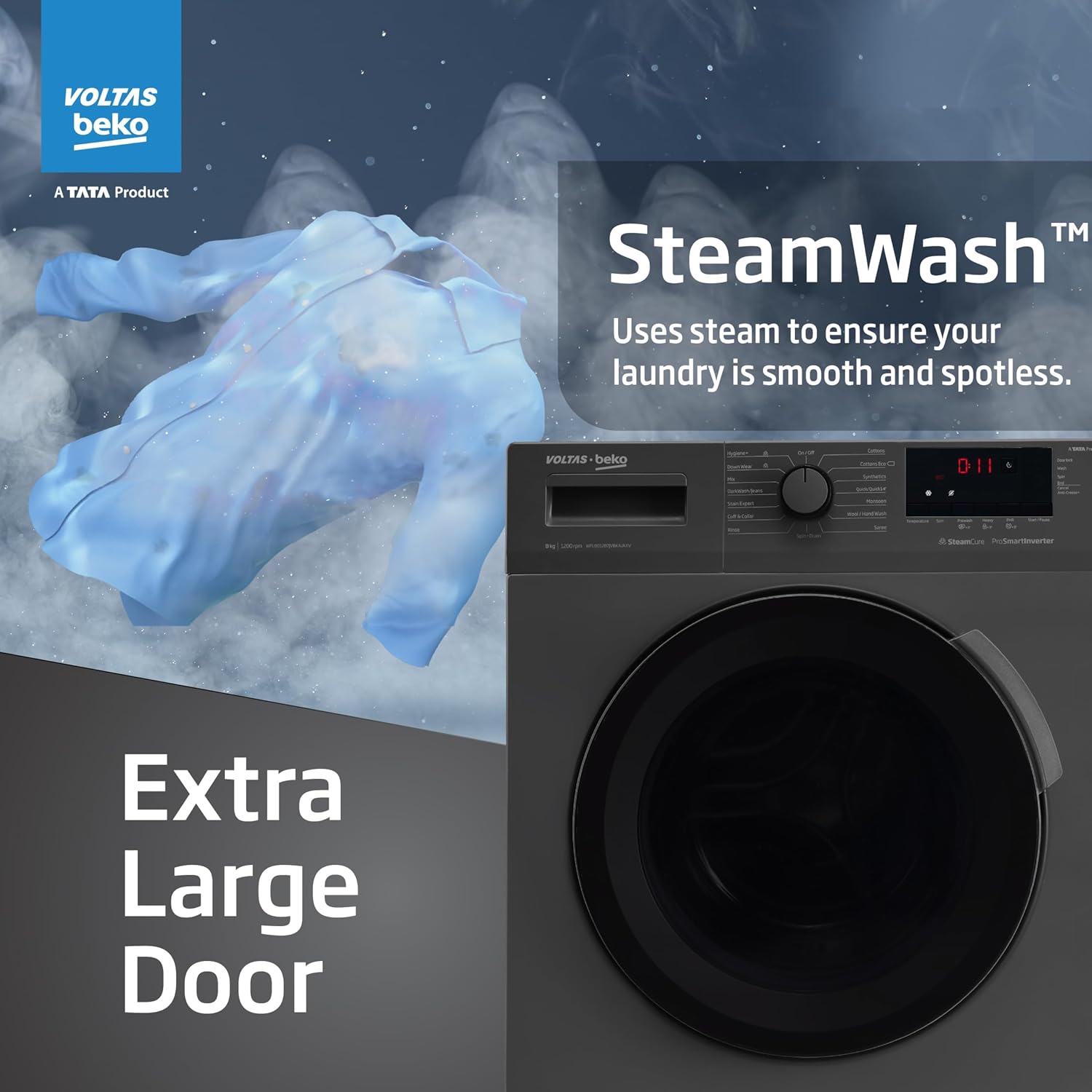 Voltas Beko, A Tata Product 8 Kg 5 Star Inverter Quick wash Fully-Automatic Front Loading Washing Machine (WFL8012B7JVBKA/AXV, Anthracite, In buit Heater/Hygiene steam)