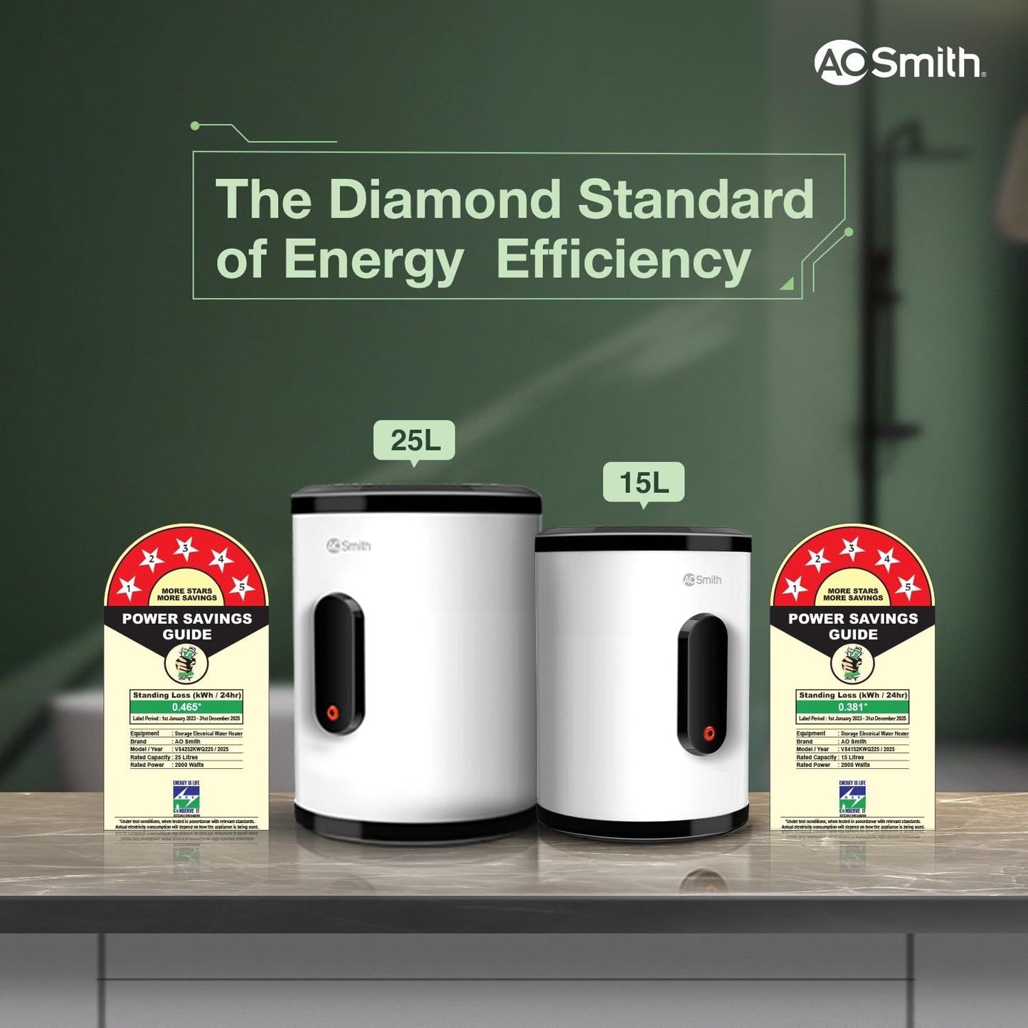 AO Smith Geyser 15 Litre 5 Star BEE Rating | 2KW | Storage Water Heater With 2X Corrosion Resistant Blue Diamond Glass Tank | Warranty: 7 Yr Tank, 3 Yr heating element & 2 Yr Overall | VAS PLUS 15L