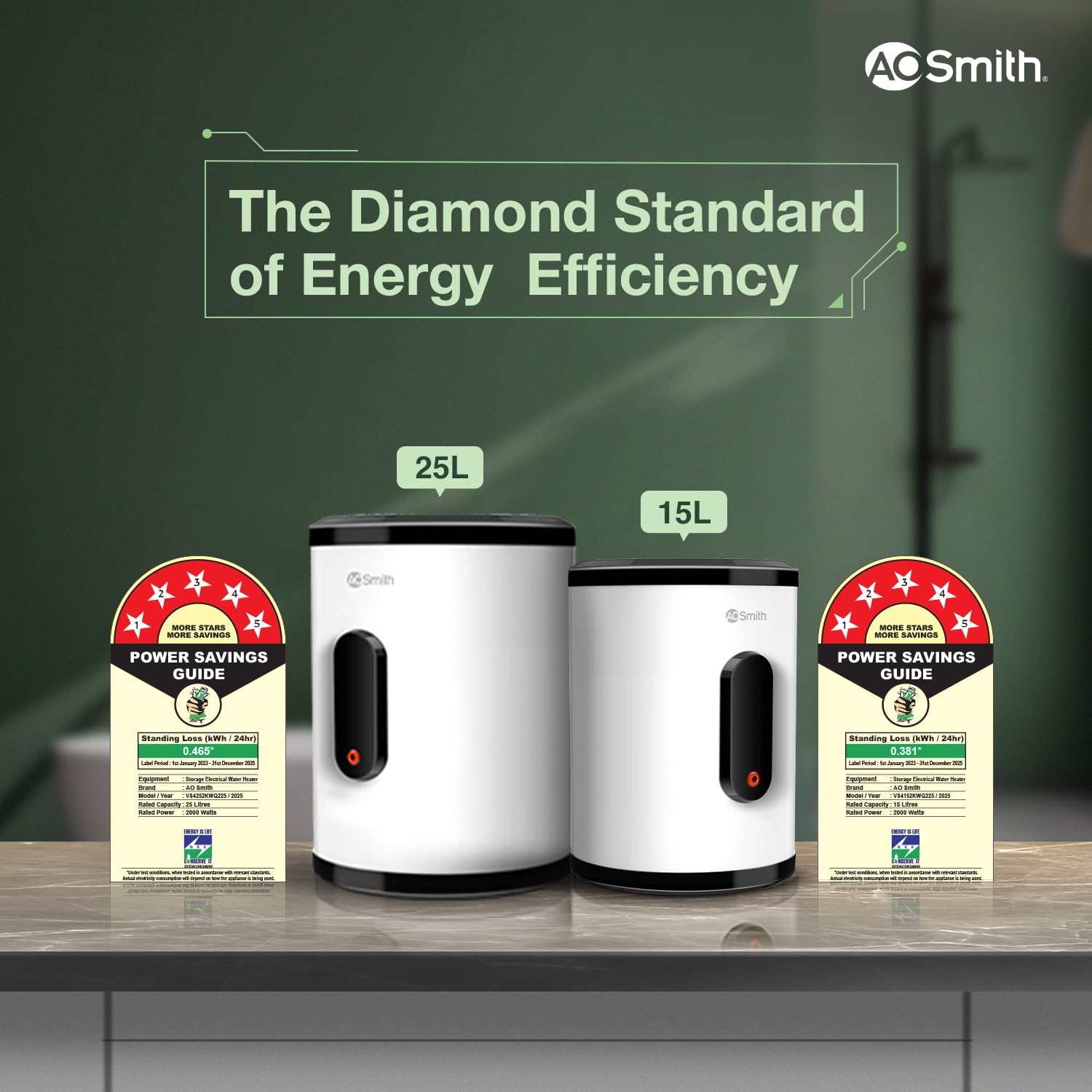 AO Smith Geyser 15 Litre 5 Star BEE Rating | 2KW | Storage Water Heater With 2X Corrosion Resistant Blue Diamond Glass Tank | Warranty: 7 Yr Tank, 3 Yr heating element & 2 Yr Overall | VAS PLUS 15L
