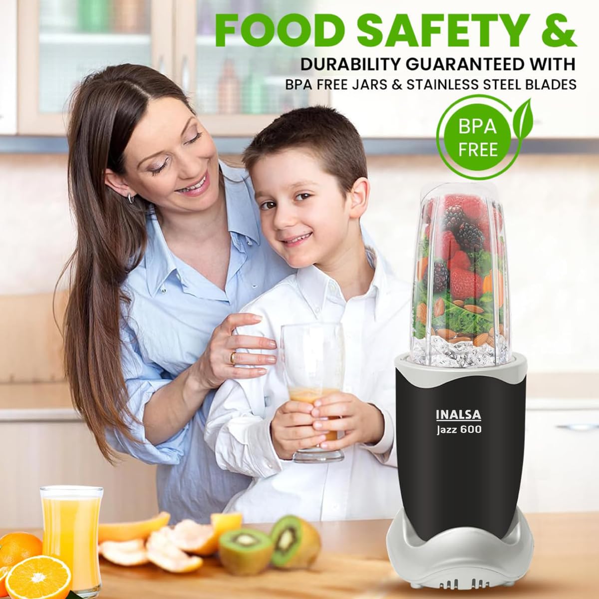 INALSA Blender Mixer Grinder|5 Jar & 600 W Copper Motor| Blenders for Smoothies and Juices| Smoothie Maker Blender|Nutri Blender |3 Blades Including Froth Blade|2Yr Warranty,Jazz 600